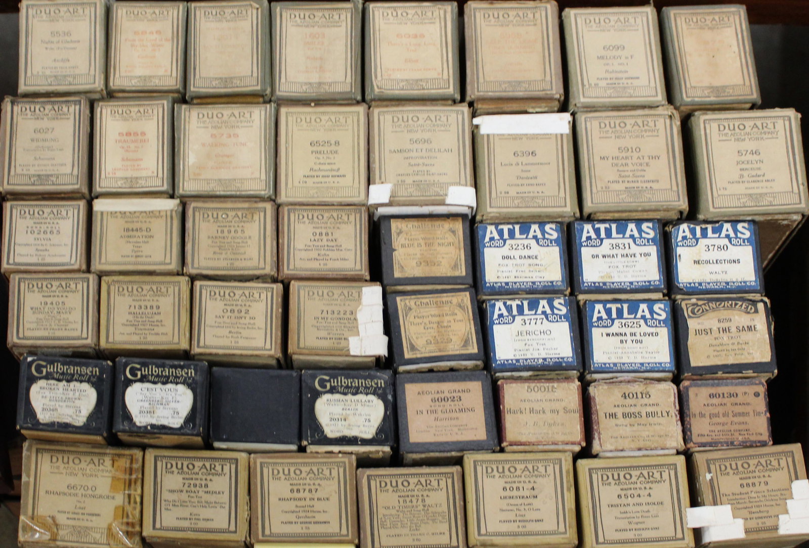 Collection of Harmonium or Player Piano Rolls: Collection of approximately 289 harmonium or player piano tune rolls including Aeolian Duo-Art, QRS, Atlas, and Gulbransen, etc. in many musical genres including popular songs ranging from the early 1
