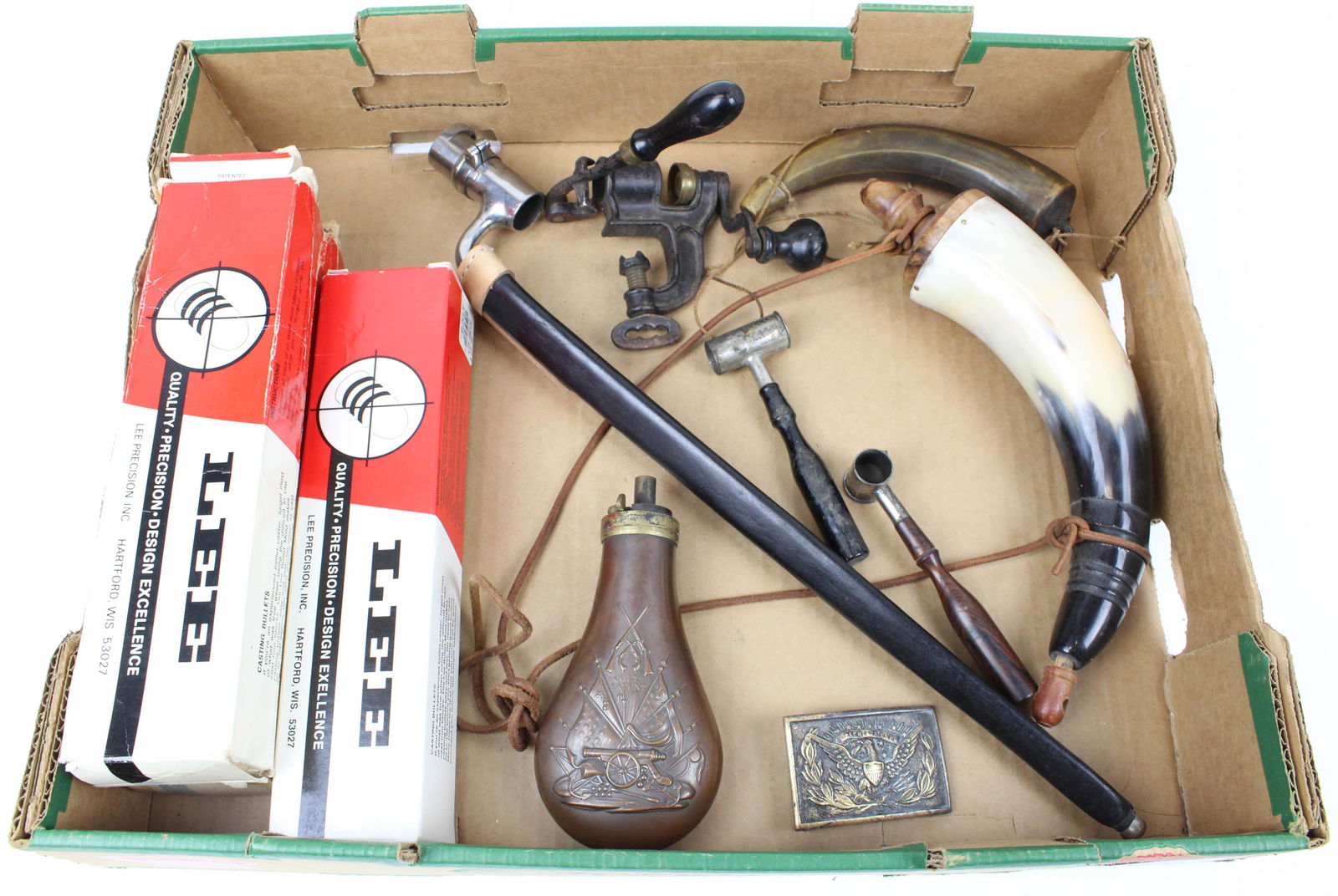 Sporting accessories: Lot including Period powder measures, old priming/pistol flask, newer powder horn, Colt's Patent flask marked Dixon and Son's England, Three Lee Loader Bullet molds in .454, .358, .457; 20th c Buckle;