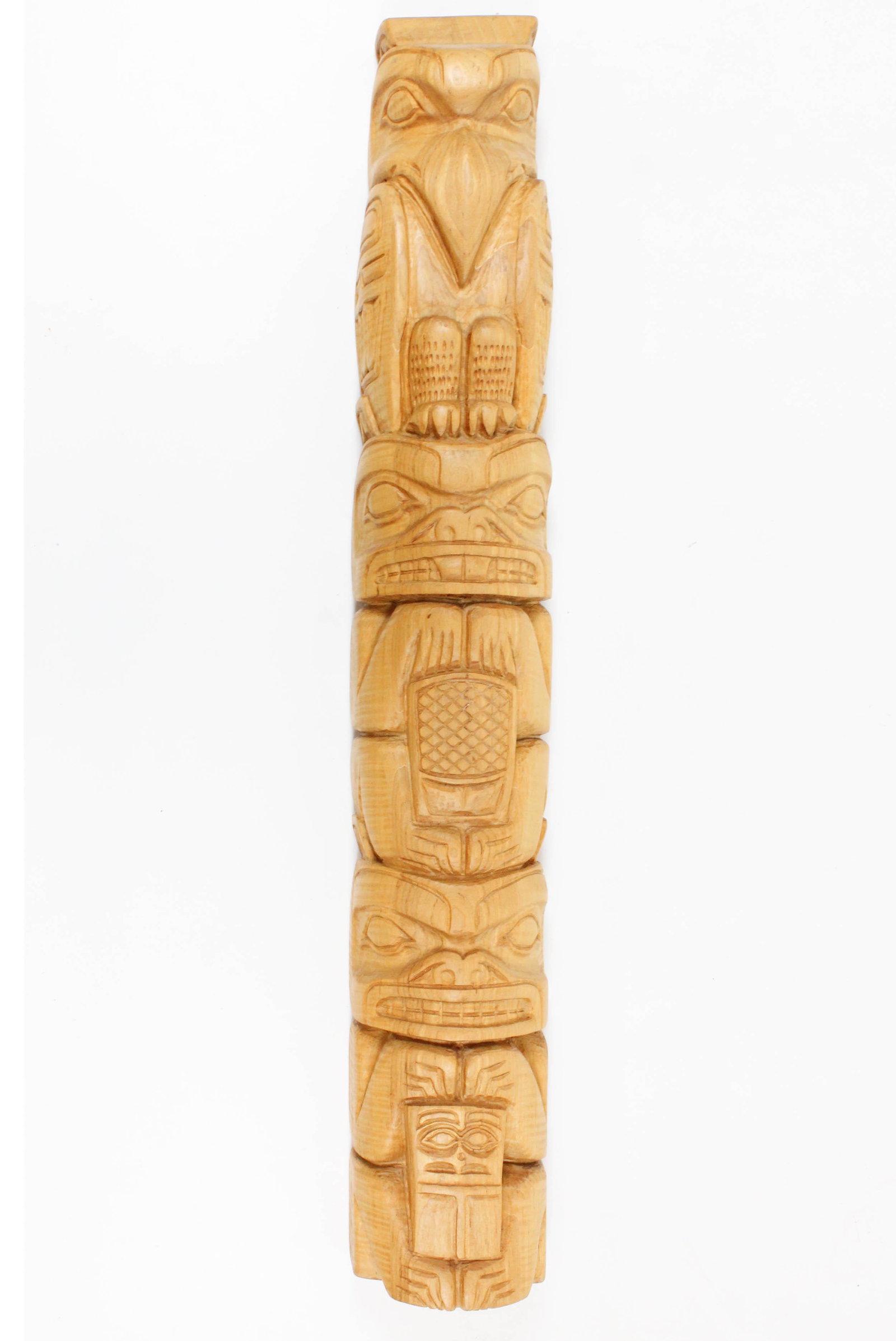 Northwest Coast Carved Totem: Northwest coast style carved totem, tiger maple, signed J Michael '93, ht 36 1/4"