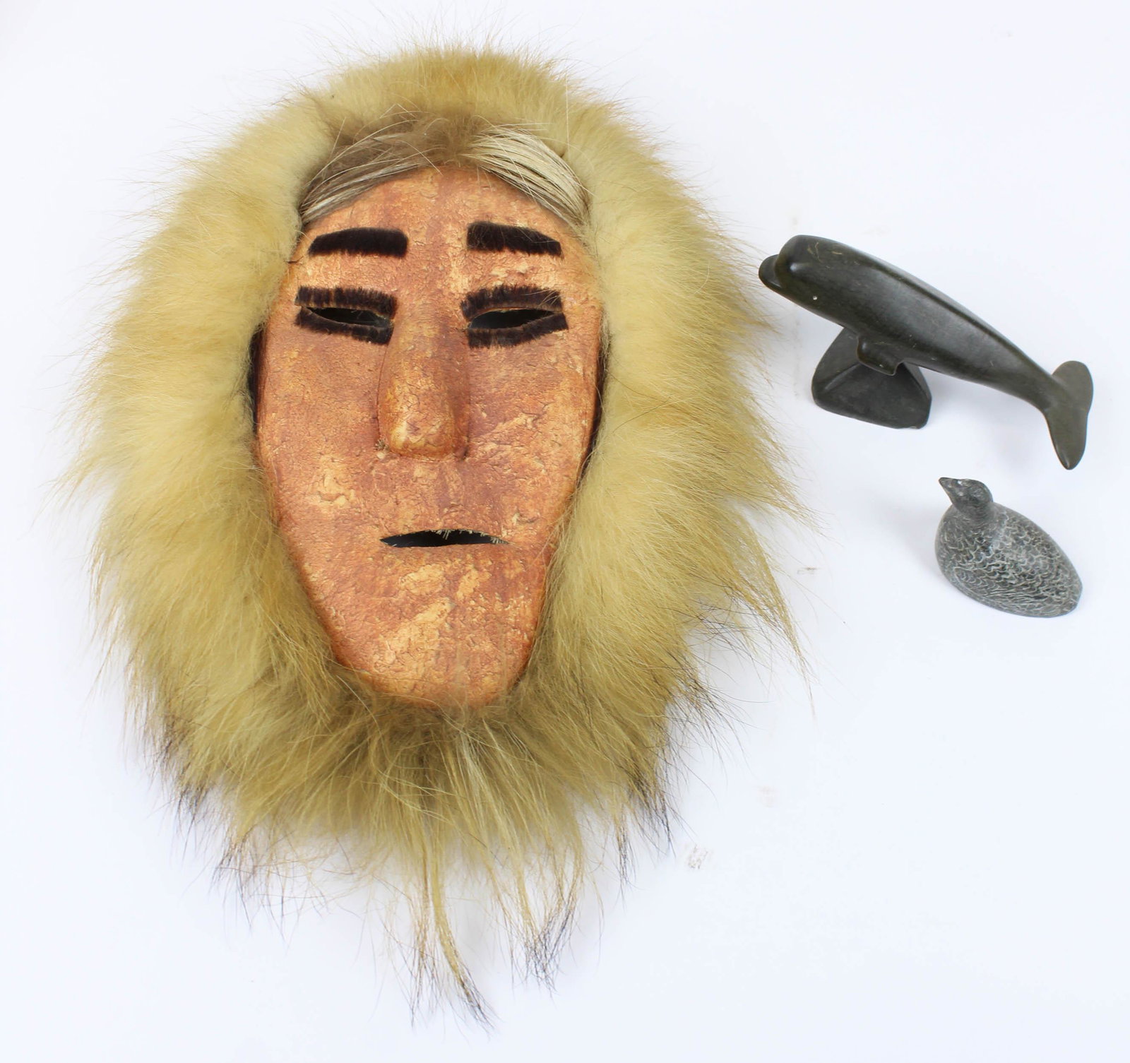 Alaskan, Inuit Objects: Alaskan, Inuit objects including mask, 2 soapstone carvings, hts/ lengths 2 1/2" to 10"