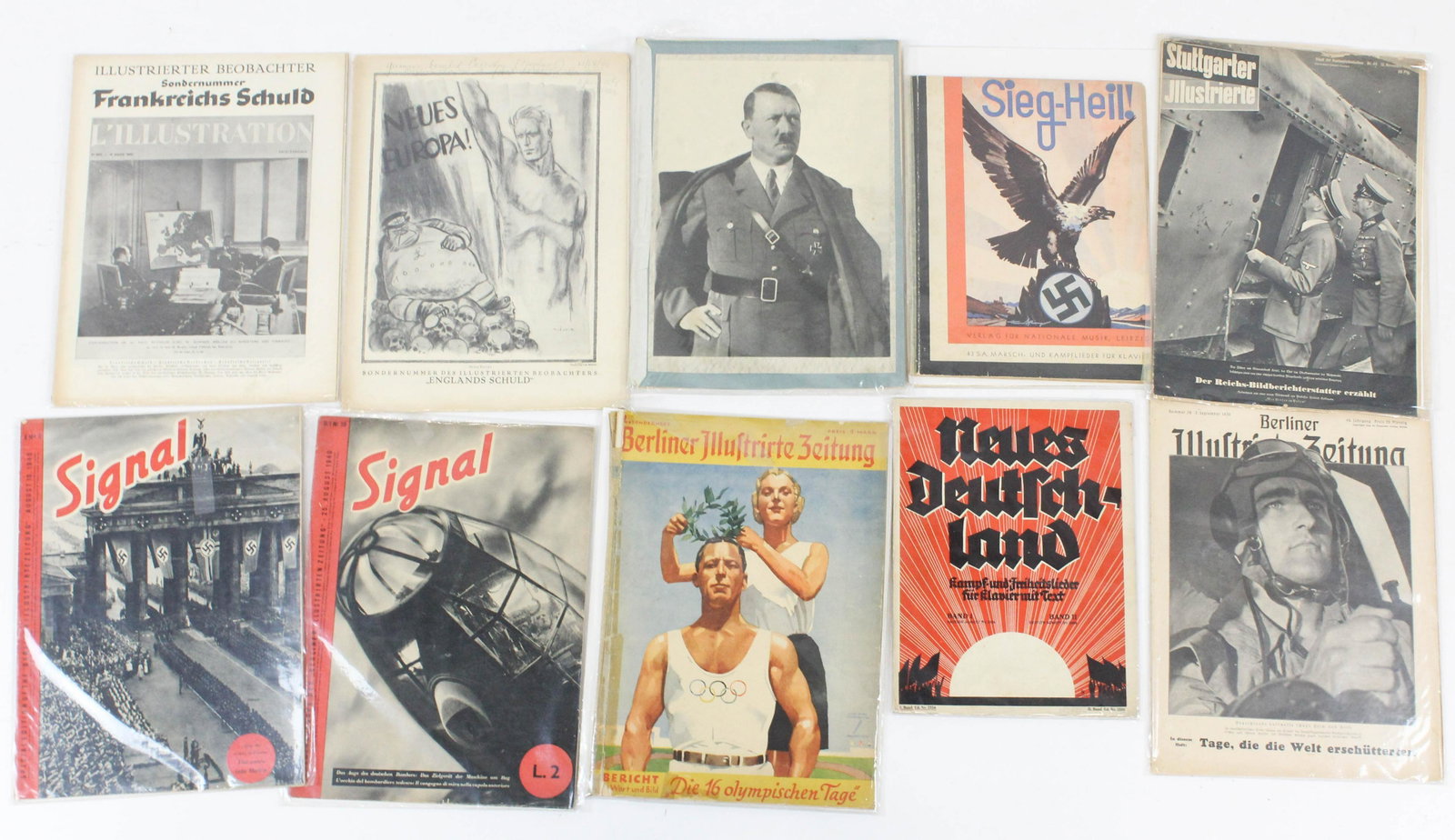 Third Reich Periodicals: Lot of eleven Third Reich propaganda periodicals, titles include: "Illustrierter Beobachter" ("Illustrated Observer"); "Neues Deutschland" ("New Germany"); "Daheim" ("Home"); "Berliner Illustrirte Zei