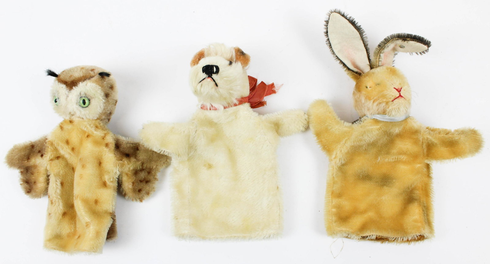 3 Steiff Hand Puppets: 3 Steiff hand puppets- owl, rabbit, dog, rabbit has ear tag, hts 8" to 10"