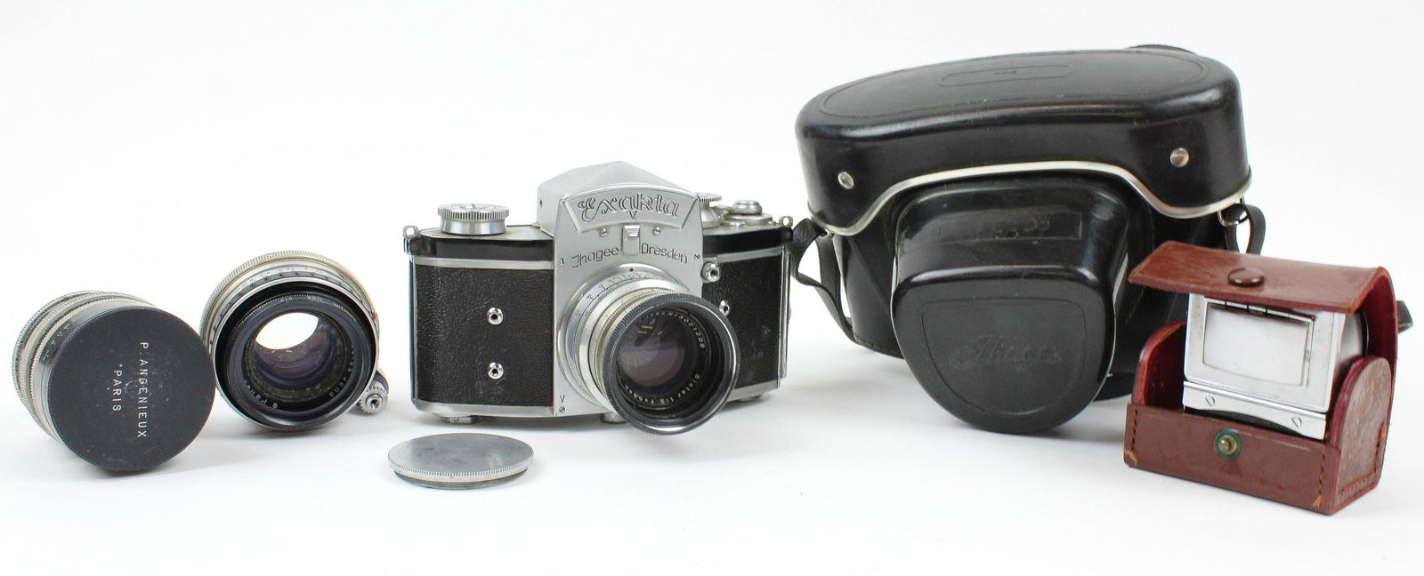 Exakta Camera, Angenieux, Zeiss Lenses: Exakta Dresden camera with very good P Angenieux F35 1:2.5 Type R1 sold with Carl Zeiss Pancolar 2/50 lens, Carl Zeiss Jena Biotar 1:2 F=5.8 mm, Exakta Multiscope, etc attachment