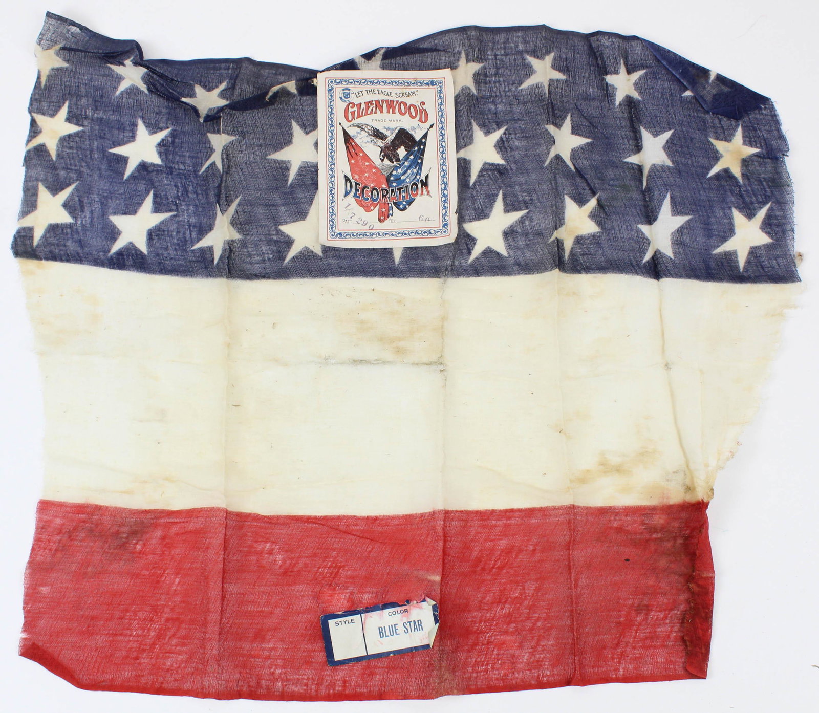 27 star flag with original tag from Glenwood: 27 star bunting type flag with original tags from Glenwood Decoration tags With the motto "Let the Eagles Scream" . 21" x 25"