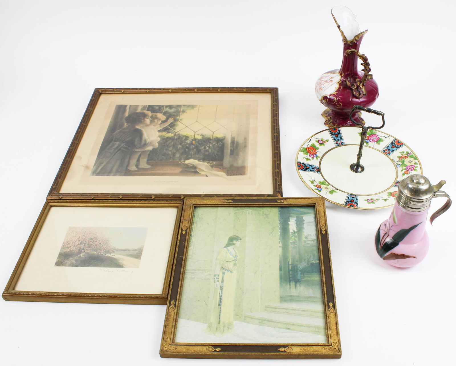 Wallace Nutting, Maxfield Parrish Prints, etc.: Lot of prints and accessories including Wallace Nutting hand colored photo of apple blossoms, Maxfield Parrish print of Esther, painted milk glass syrup, Victorian porcelain ewer, Noritake 1920's sand