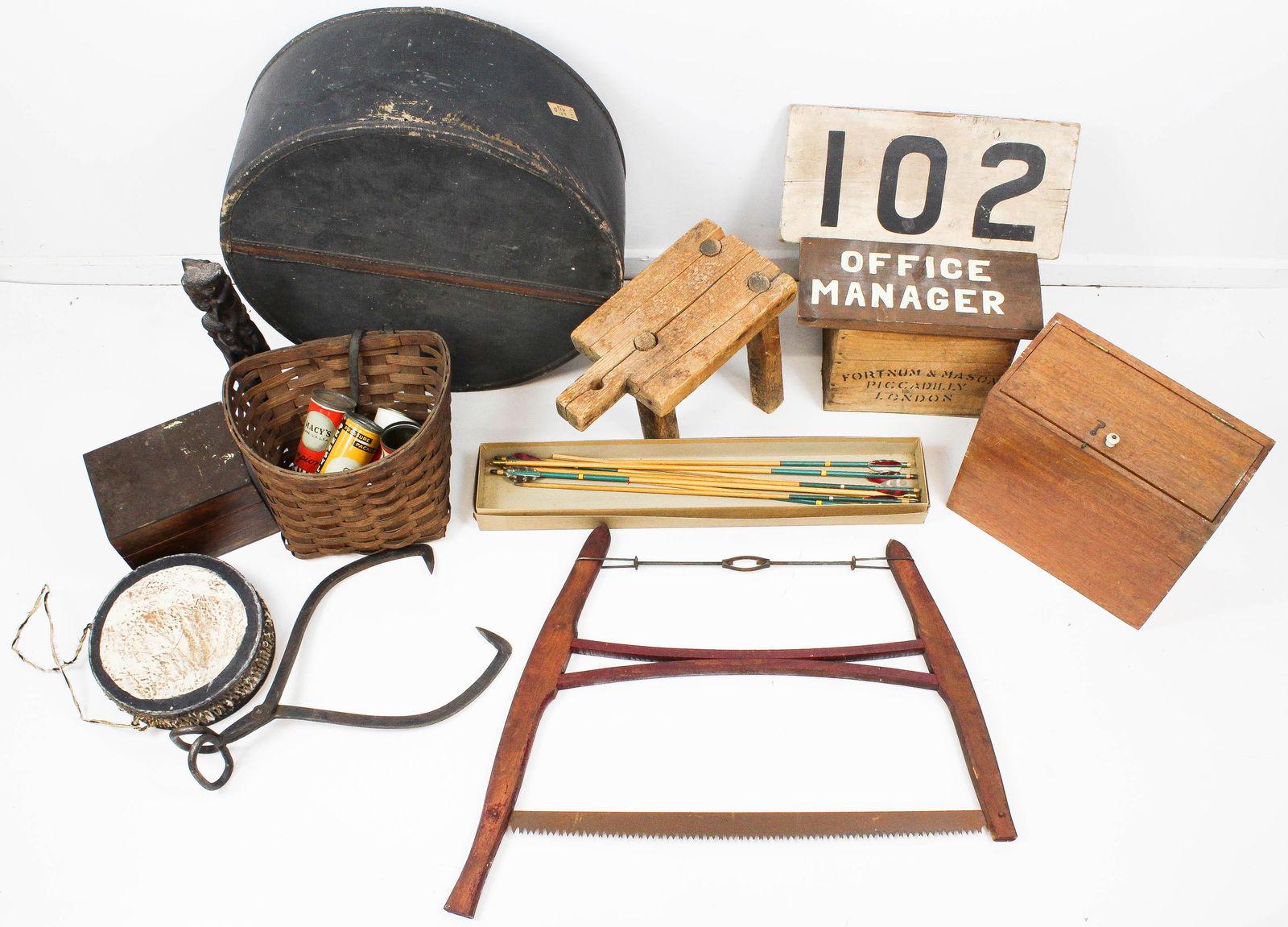 Boxes, Signs, African Carving, Drum, Etc.: Boxes, signs, African carving, drum, etc.