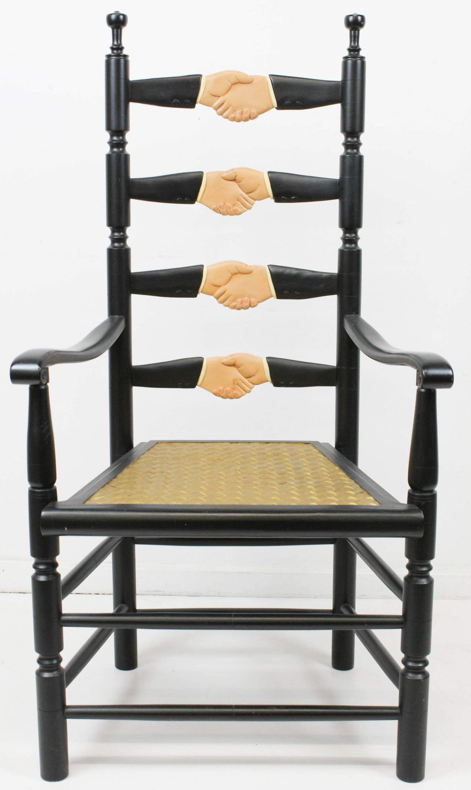 Stephen Huneck Clasped Hands Arm Chair: Stephen Huneck (VT 1948-2010) clasped hands arm chair, signed & dated 1994, ht 46 1/2"