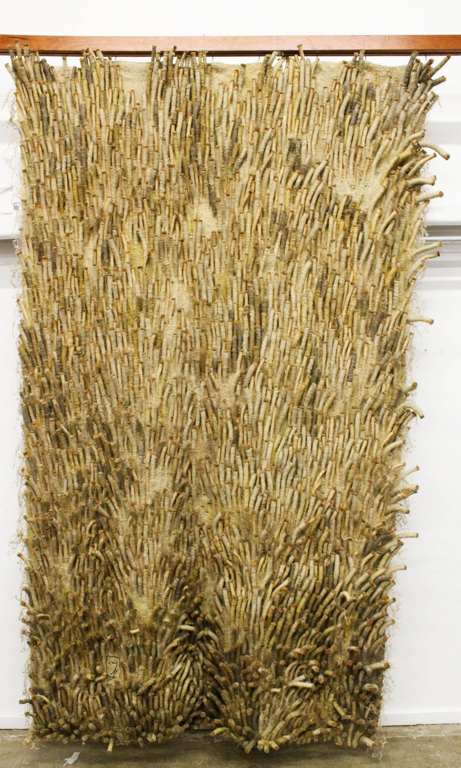Ritzi Jacobi textile fiber art wall sculpture: signed Ritzi Jacobi (Bucharest, Romania b 1941-) & Peter Jacobi (Romania 1935-) mixed media textile & fiber wall sculpture/ tapestry, (ca 1974- 1977, probably from the "Exotica" series), cotton, sisse