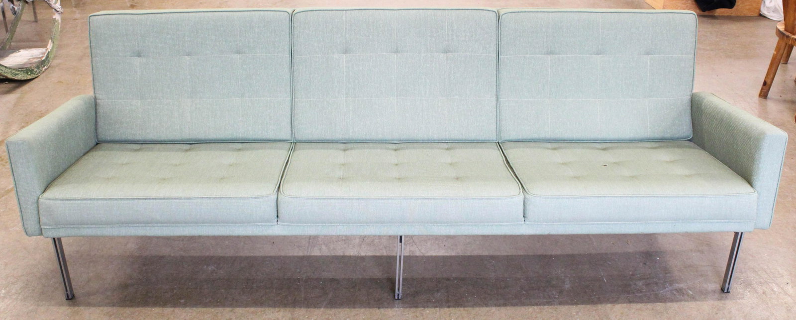 Florence Knoll steel and chrome sofa: Florence Knoll 3 cushion sofa in original green fabric. Chrome and steel frame. Excellent condition except a small hole in one cushion. 7 1/2' long
