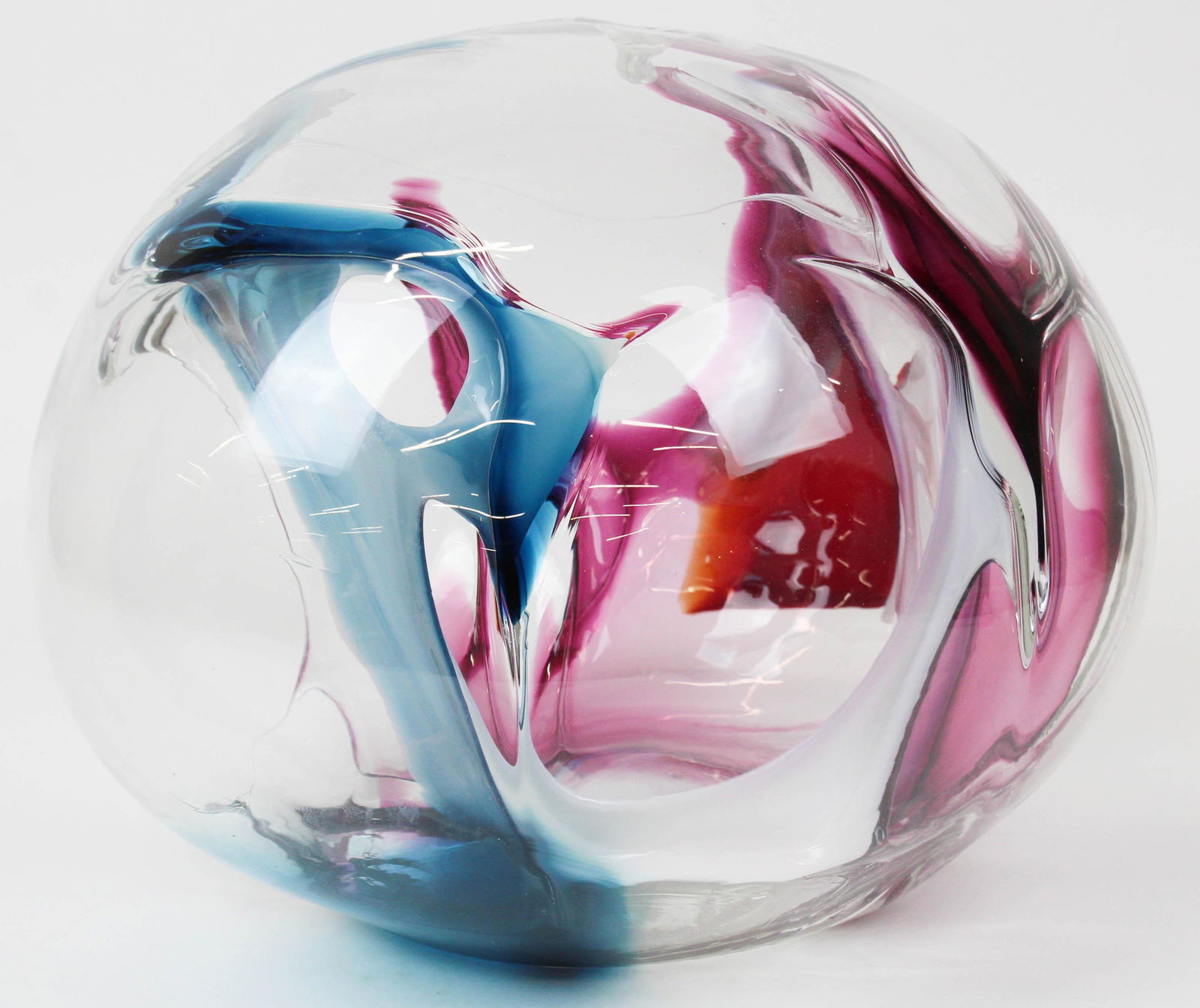 Large 1992 Peter Bramhall Blown Glass Orb: Very Large 1992 Peter Bramhall (Bridgewater, VT 1942- ) blown Studio Glass orb, signed "Peter Bramhall, May 1992, help from Andy Bird anytime", diameter 15", ht 12"