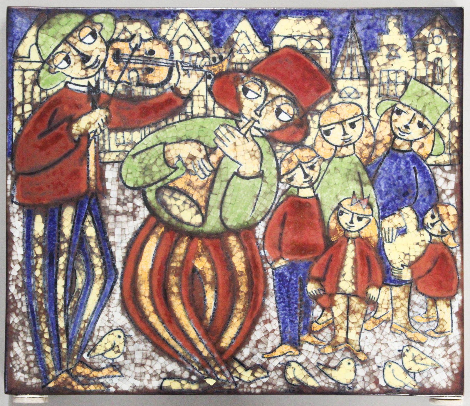 Marianne Stark for Michael Andersen Pottery: 1960's Denmark Marianne Starck for Michael Andersen tile/ plaque, decorated with musicians, glaze signed MS, impressed shield mark & Denmark on reverse, 11 1/2" x 13 5/8"