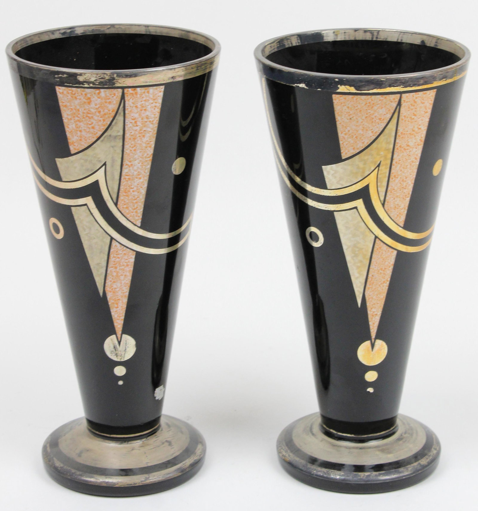 Pr. Of Art Deco Czech Silvered Onyx Glass Vases: Pair of 1920's Art Deco Czech silvered onyx glass mantel vases with bold orange geometric decoration 10.5" x 5.25"