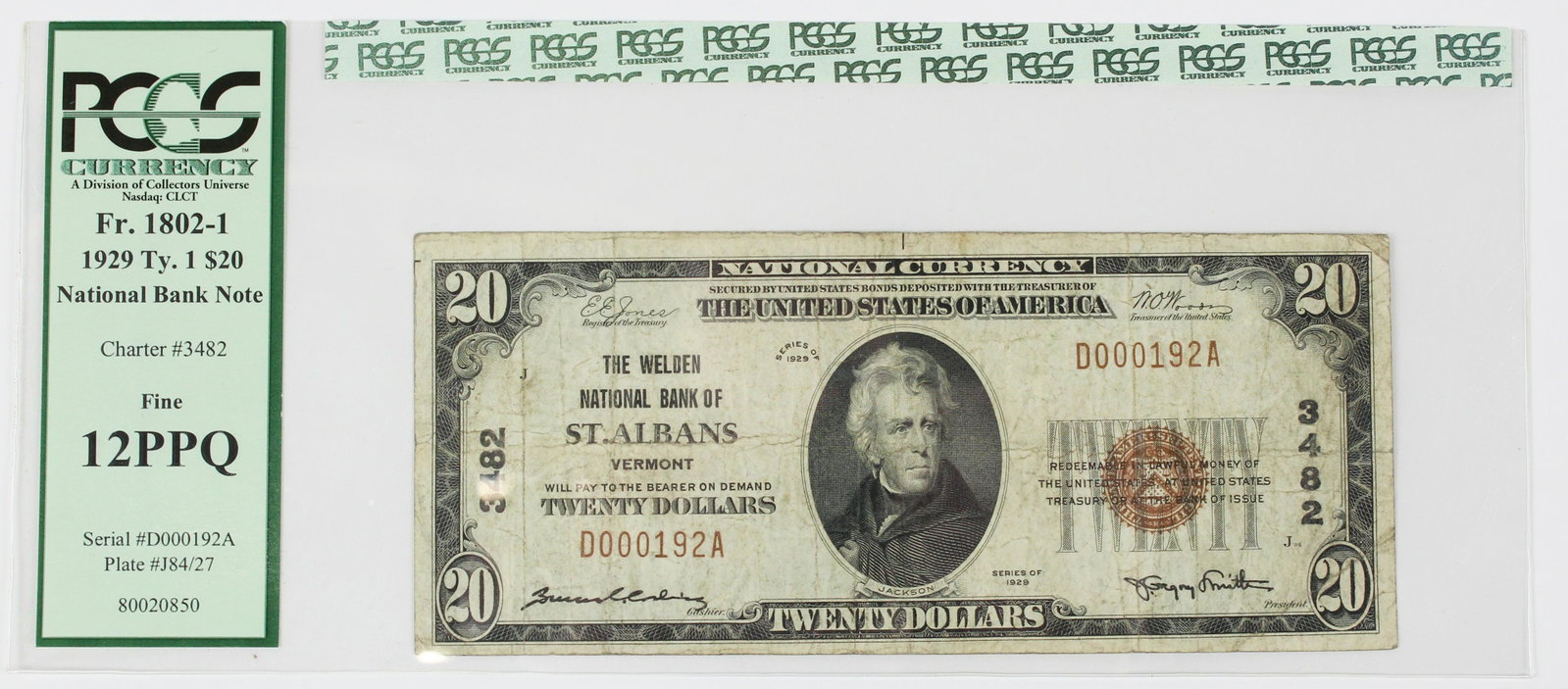 1929 Welden Natl Bank St Albans Banknote: 1929 Welden National Bank, St Albans, Vermont $20 obsolete banknote, National Currency, PCGS grade fine