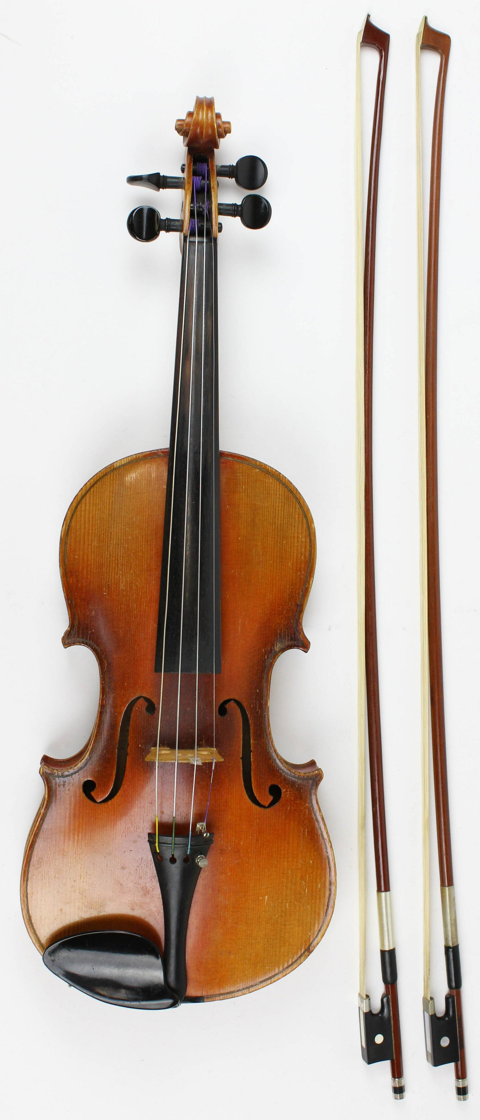 Austrian Strad Copy Violin, Oskar Meinel Bow: Austrian strad copy full size 4/4 violin with back stamp Vuillaume a Paris, sold with an Oskar E. Meinel bow, and another bow, with contemporary case