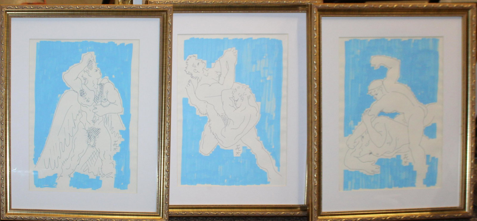3 Lithographs After Jean Cocteau (FR 1889-1963): Three Lithographs After Jean Cocteau (French 1889-1963) with applied blue pigment monogrammed JC * - All three having Mythological/ Homoerotic themes framed alike 12 x 16"