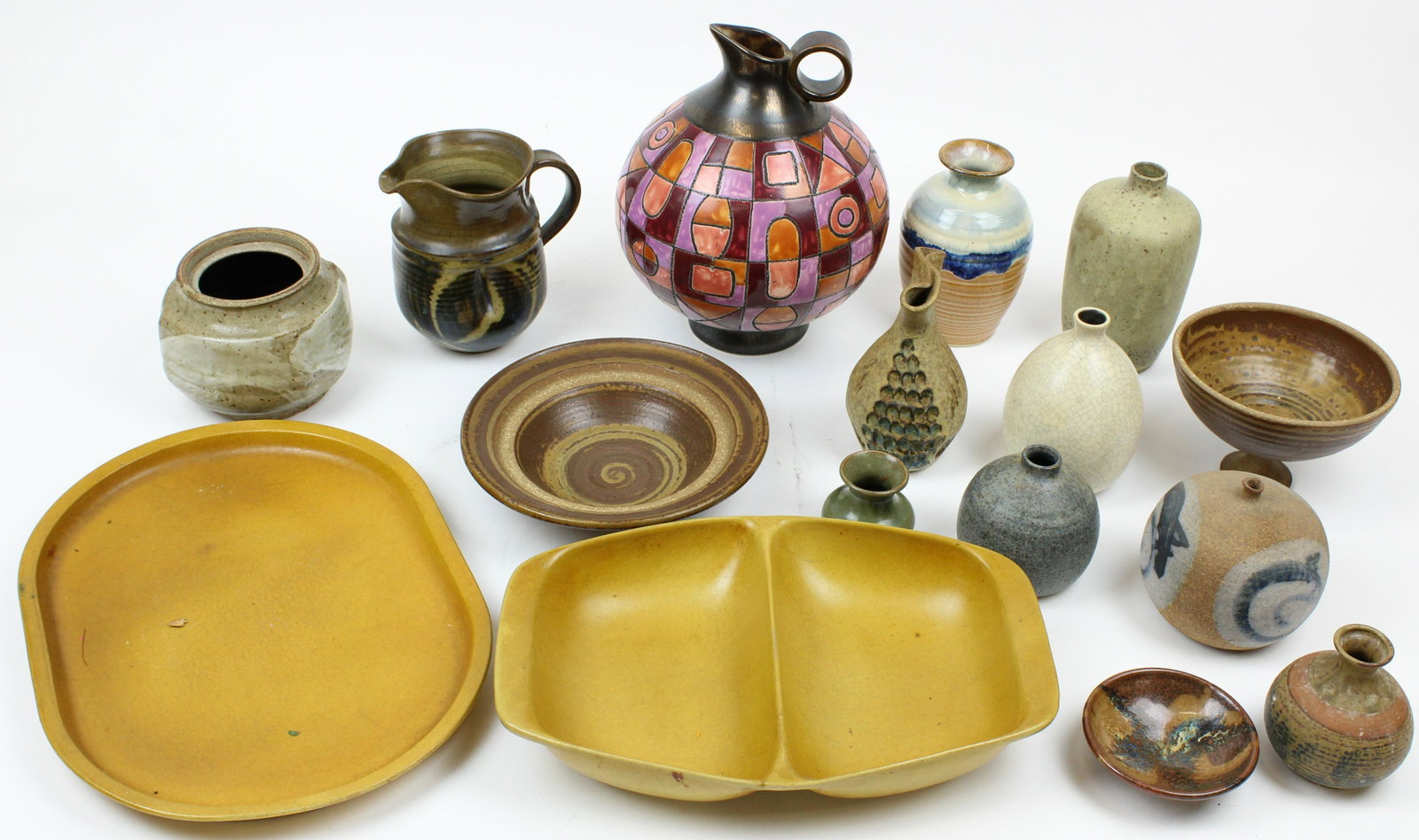 Collection of Studio Art Pottery incl. Scatchard: Collection of Mid Century studio art pottery including George Scatchard VT turned bowl, Jean Paul Stowe, VT vase, Bennington Potters tawny mustard divided dish and serving platter, Vepa Ecuador ewer, 