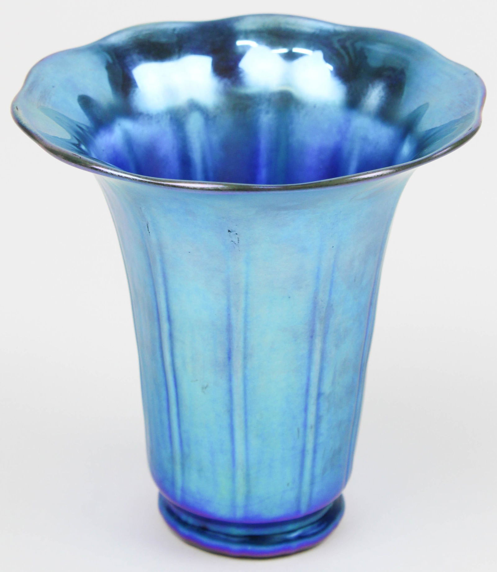 Steuben Blue Aurene Vase: Steuben Blue Aurene "Shade" vase, signed & numbered 375, hand bown, polished pontil, ht 5 3/8"