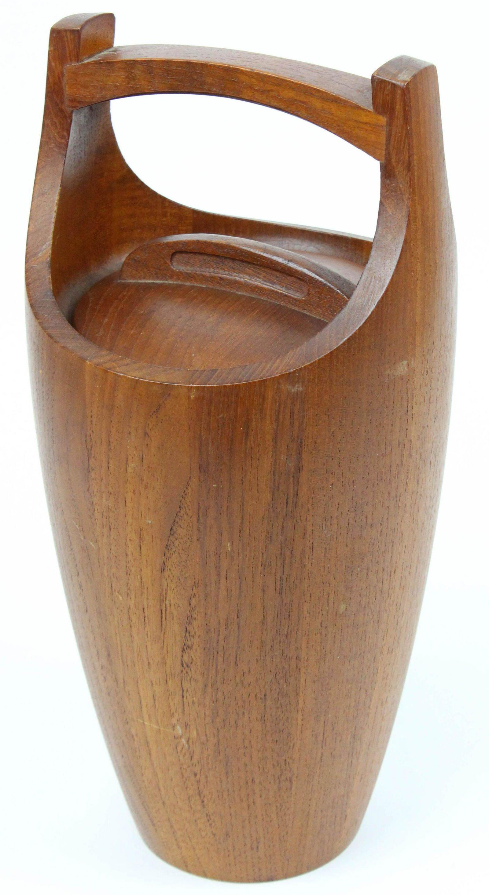 Jens Quistgaard for Dansk Ice Bucket: Mid Century Danish Modern Jens Quistgaard for Dansk teak covered ice bucket, orange/ red interior, signed on base Dansk IHQ, ht 15 1/4"