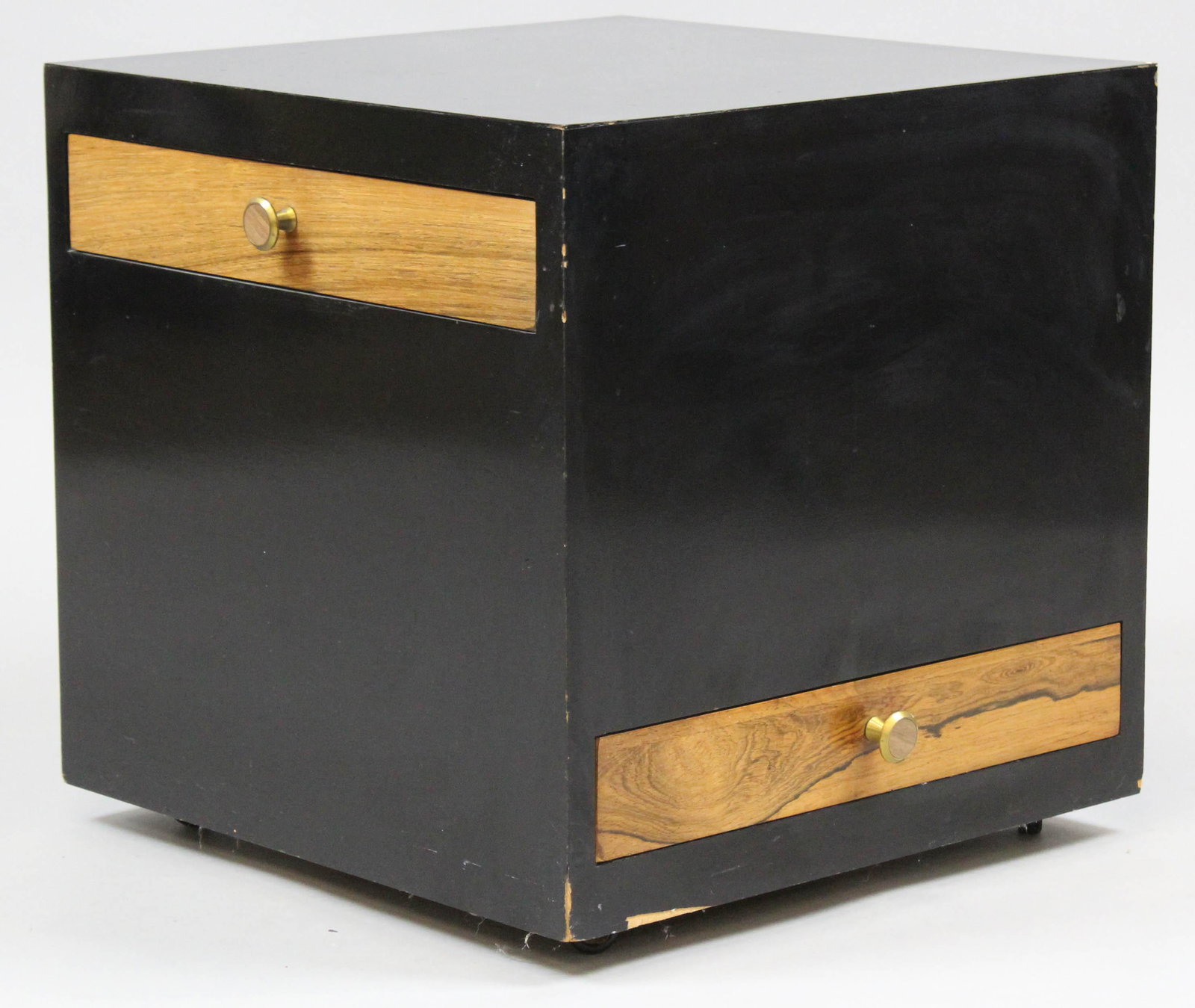 Black lacquered cube side table: Mid century cube side table in black lacquer. Each side with walnut drawer and brass knobs. 18" square