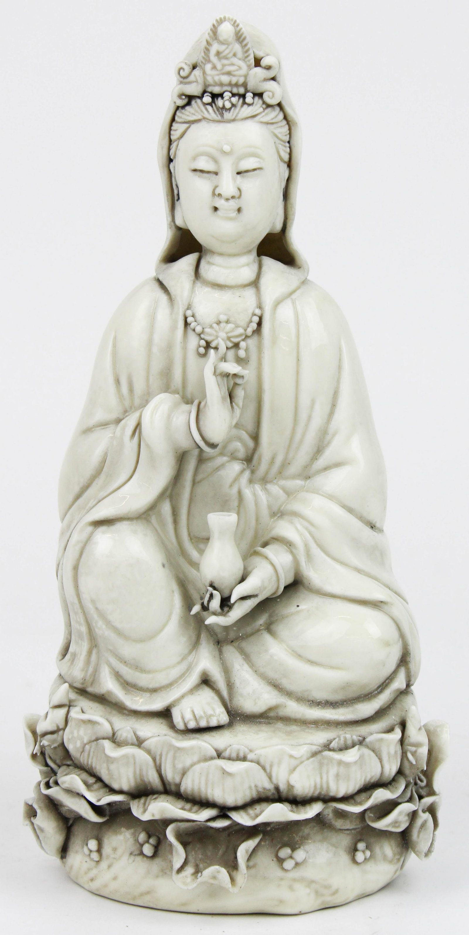 20th c Chinese Blanc De Chin Porcelain Figure: 20th c Chinese blanc de chin porcelain seated Guanyin figure, signed on reverse, 3 piece molded body, hand applied accents, ht 10 1/2"