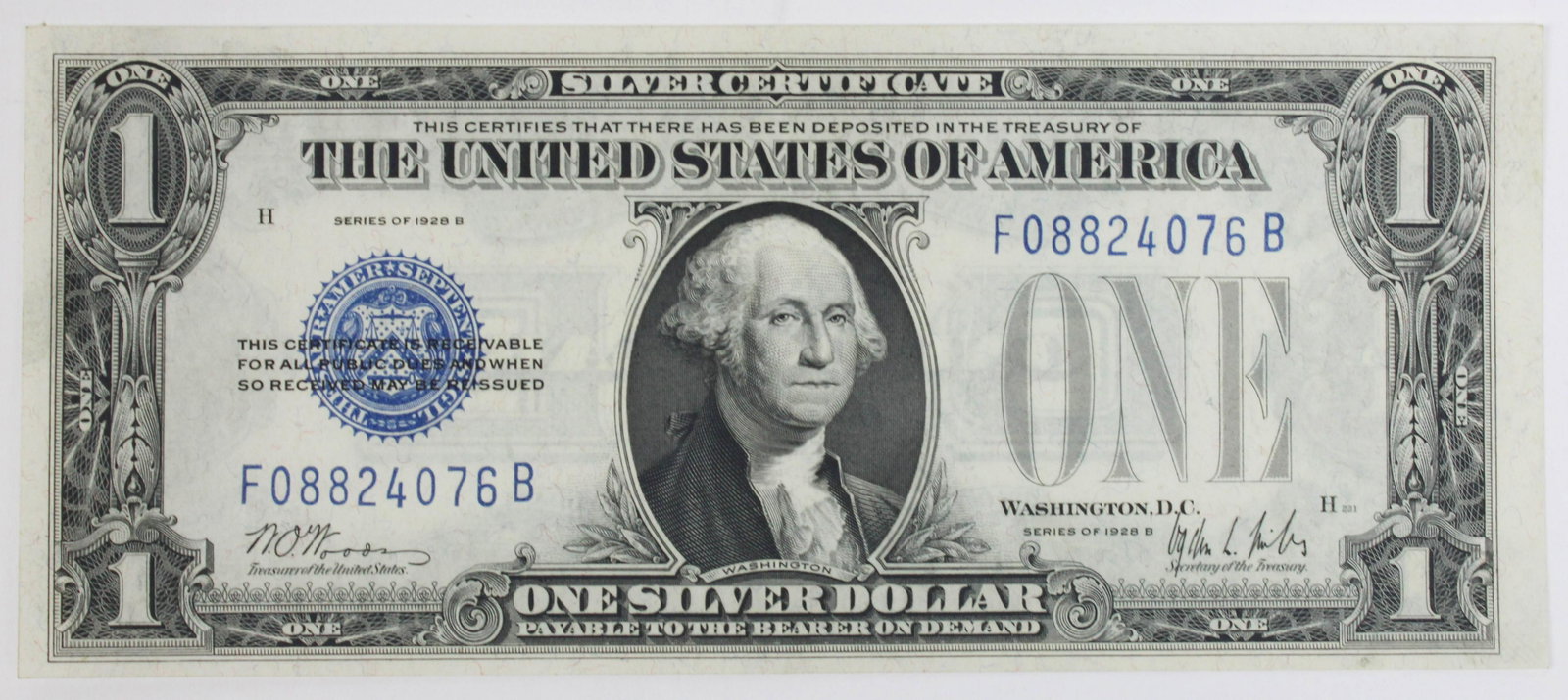 1928 US $1 Silver Certificate: 1928 US $1 "funny back" silver certificate, series 1928B, not graded