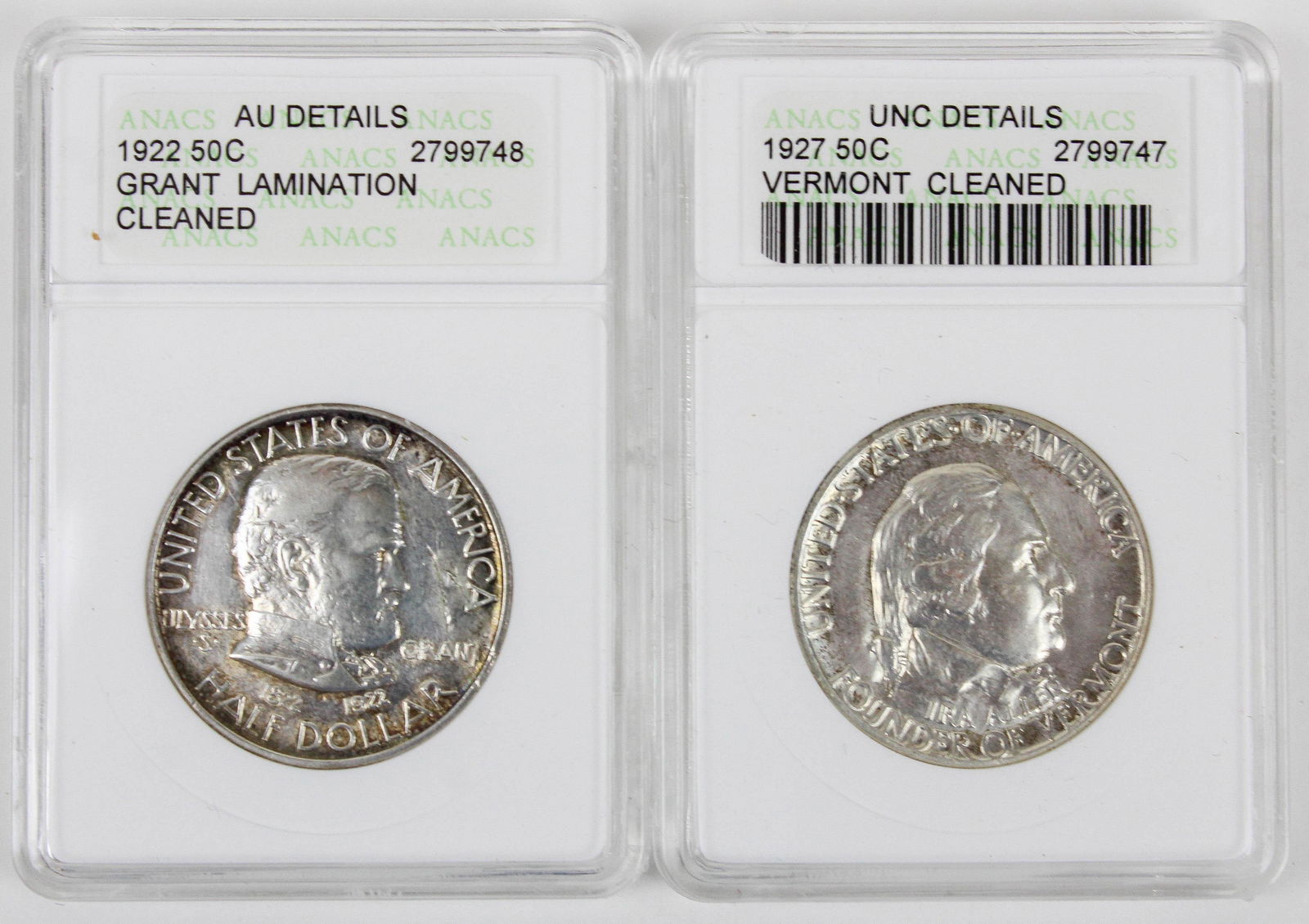 1920's US Vermont, Grant Half Dollars: 1927 US Vermont Battle of Bennington 50 cent half dollar, sold with a 1922 US Grant 50 cent, both cleaned