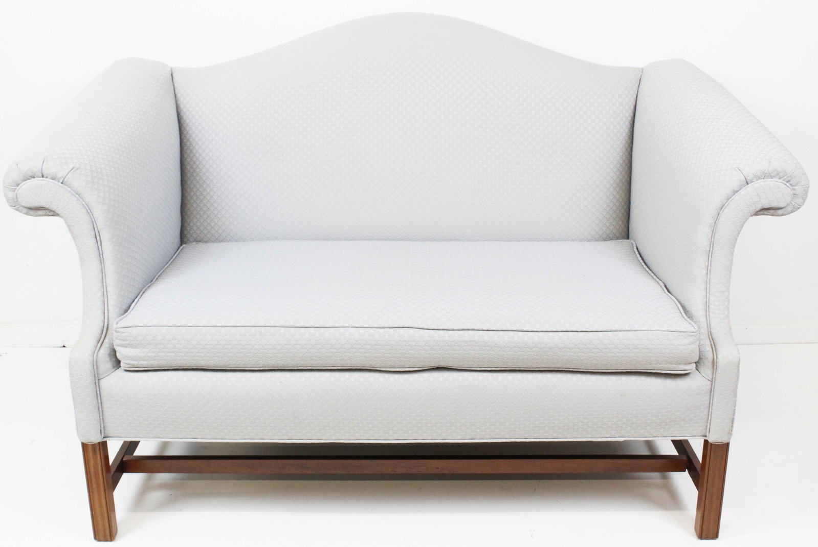 Chippendale style camel back settee: 20th c Chippendale style camel back settee. Recovered in blue fabric. Very good condition.