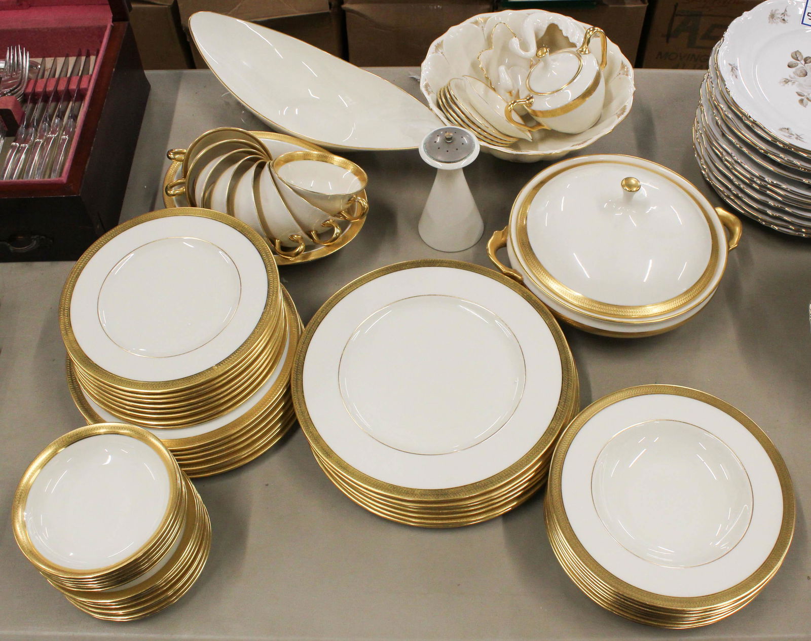 54 pcs Lenox Lowell Gold Band Porcelain Dinnerware: 54 Lenox "Lowell" pattern gold banded bone china porcelain dinnerware including dinner plates, side dishes and service plates, serving dishes, accompanied by 10 other assorted pieces of Lenox porcelai