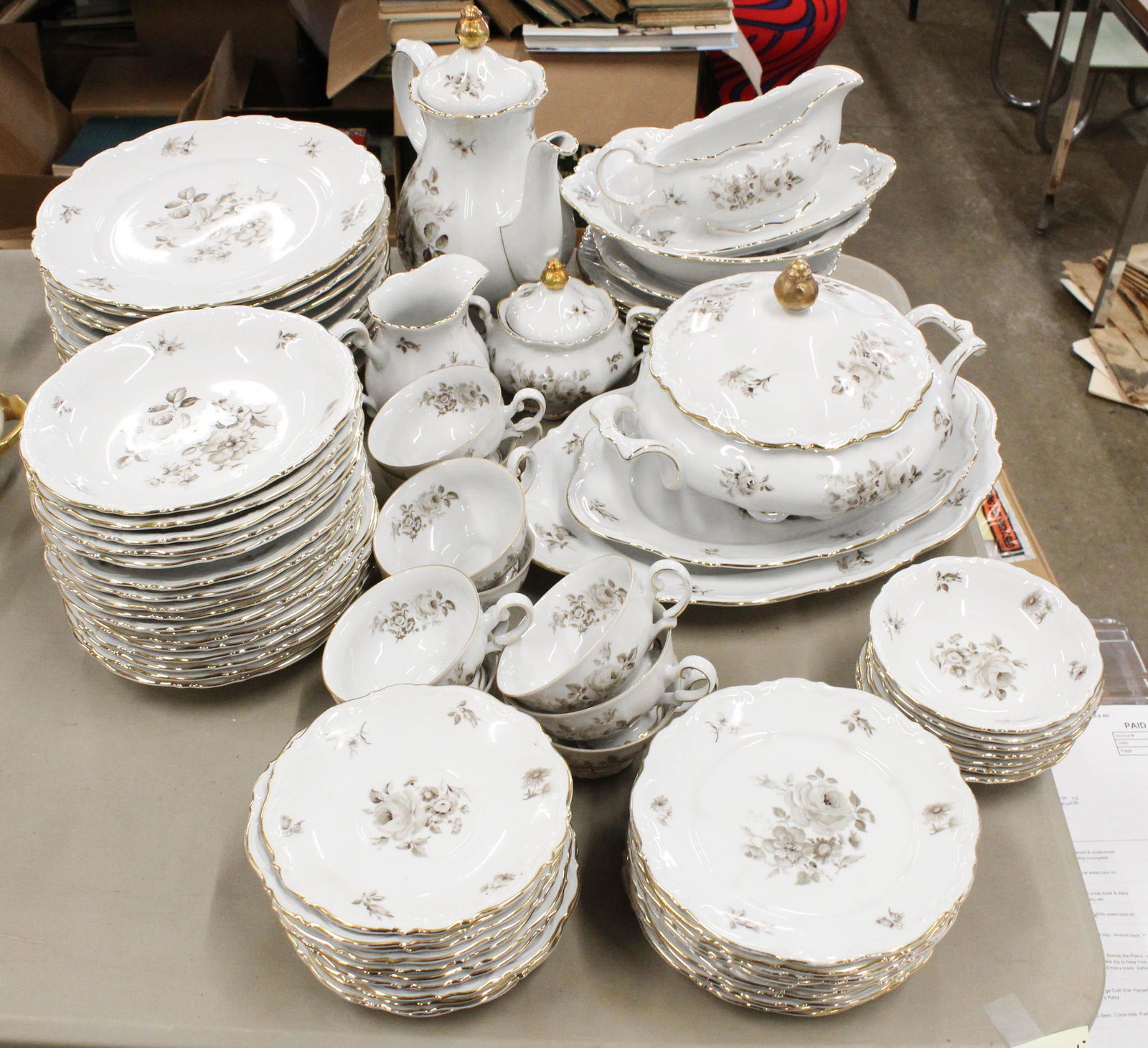 80 pcs. Mitterteich Charming Barbara Dinnerware: 80 pcs. Mitterteich Bavaria "Charming Barbara" Dinnerware including dinner plates, service plates, serving dishes, tea set, cups and saucers, etc.