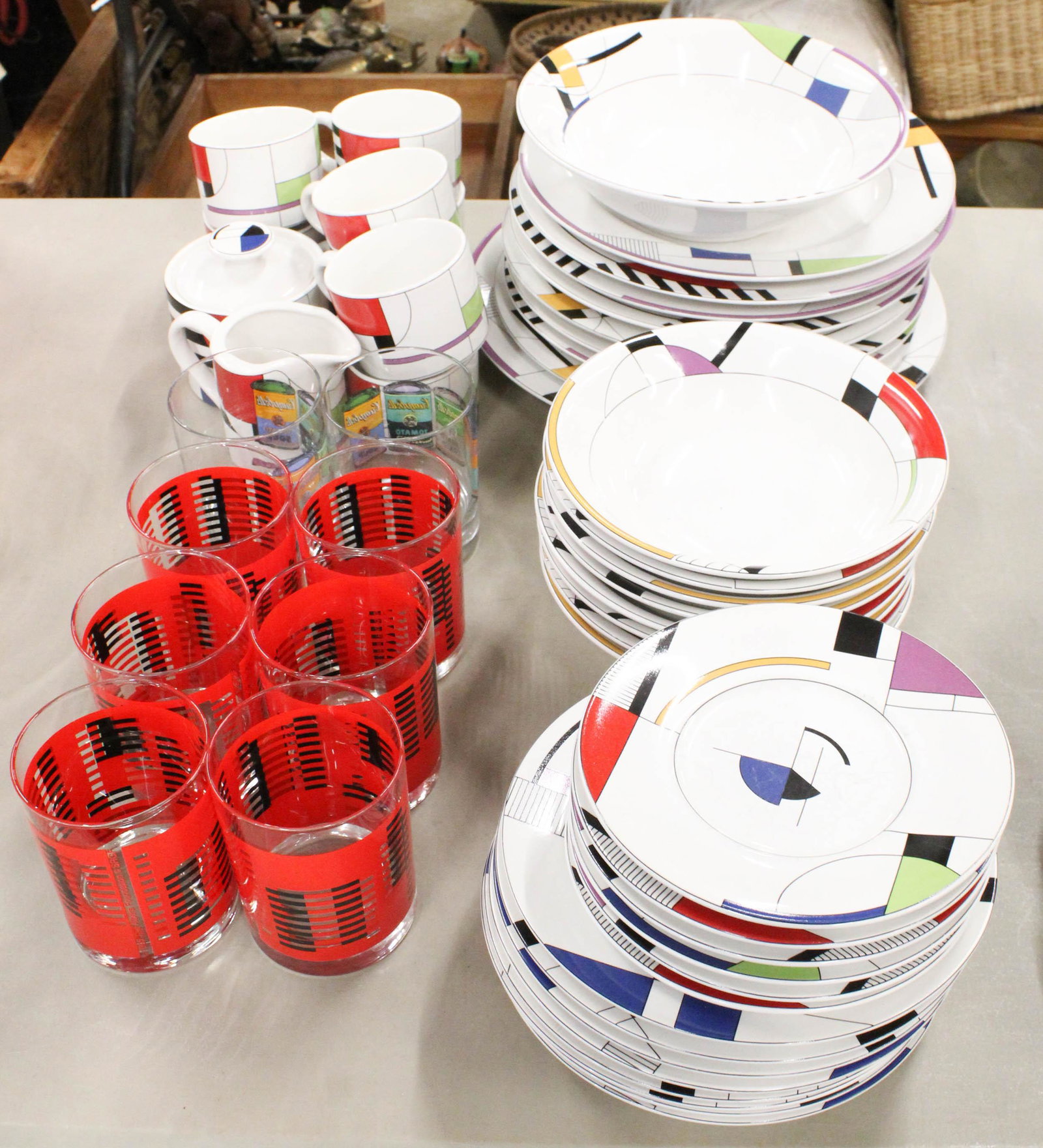 42 pcs Sango China Radius Stoneware Dinnerware: 42 pcs Sango China "Radius" pattern 4916-55 geometric Bauhaus inspired modern design stoneware dinnerware, accompanied by 6 Josef Albers "Pillars" decorated pyro glass tumblers, and two Andy Warhol Ca