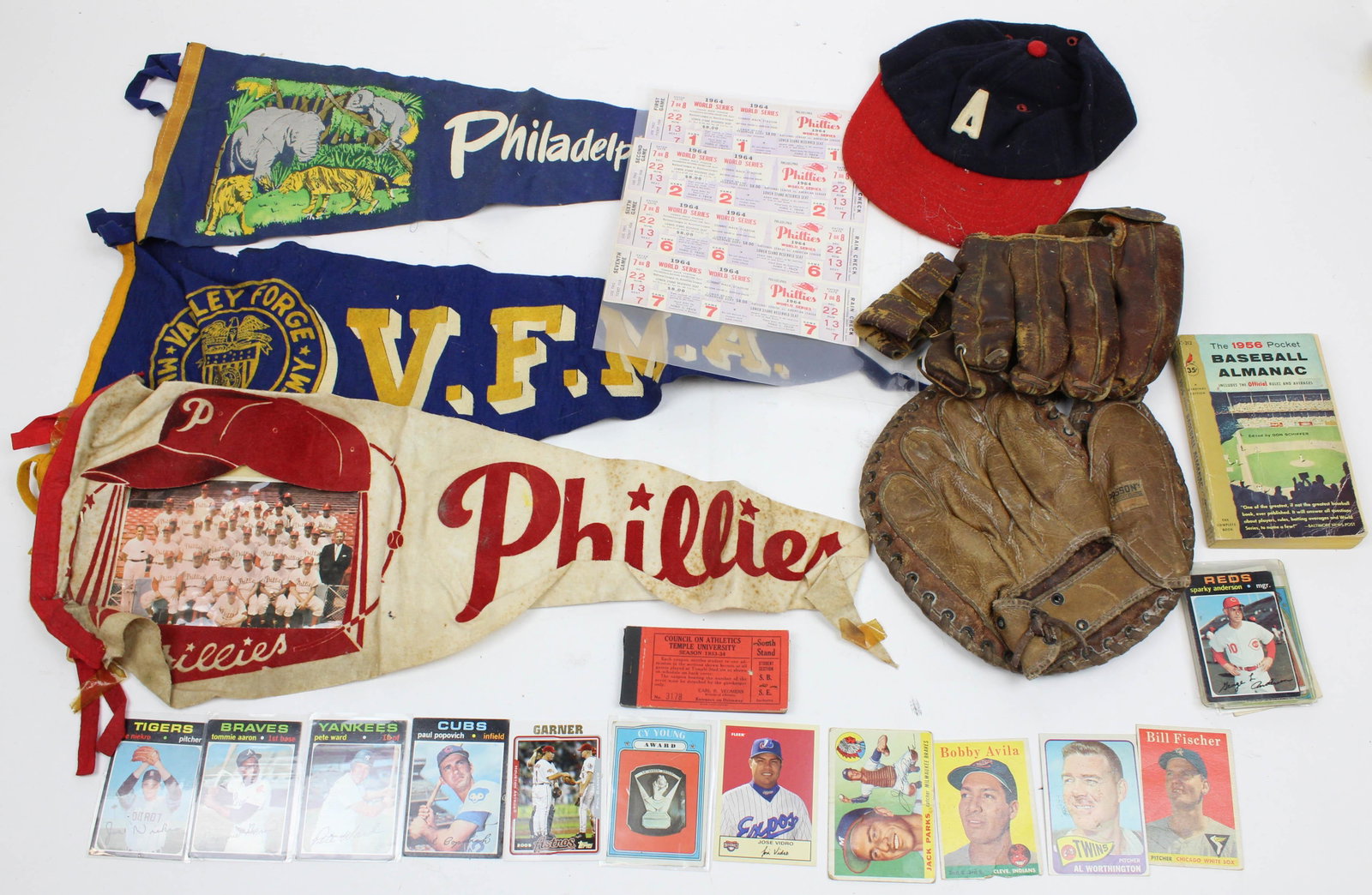 Philadelphia Phillies Pennant Photo, Tickets: Philadelphia Phillies Team Photo pennant, full set of 4 phantom 1964 Phillies World Series tickets, other pennants, baseball cards, etcetc