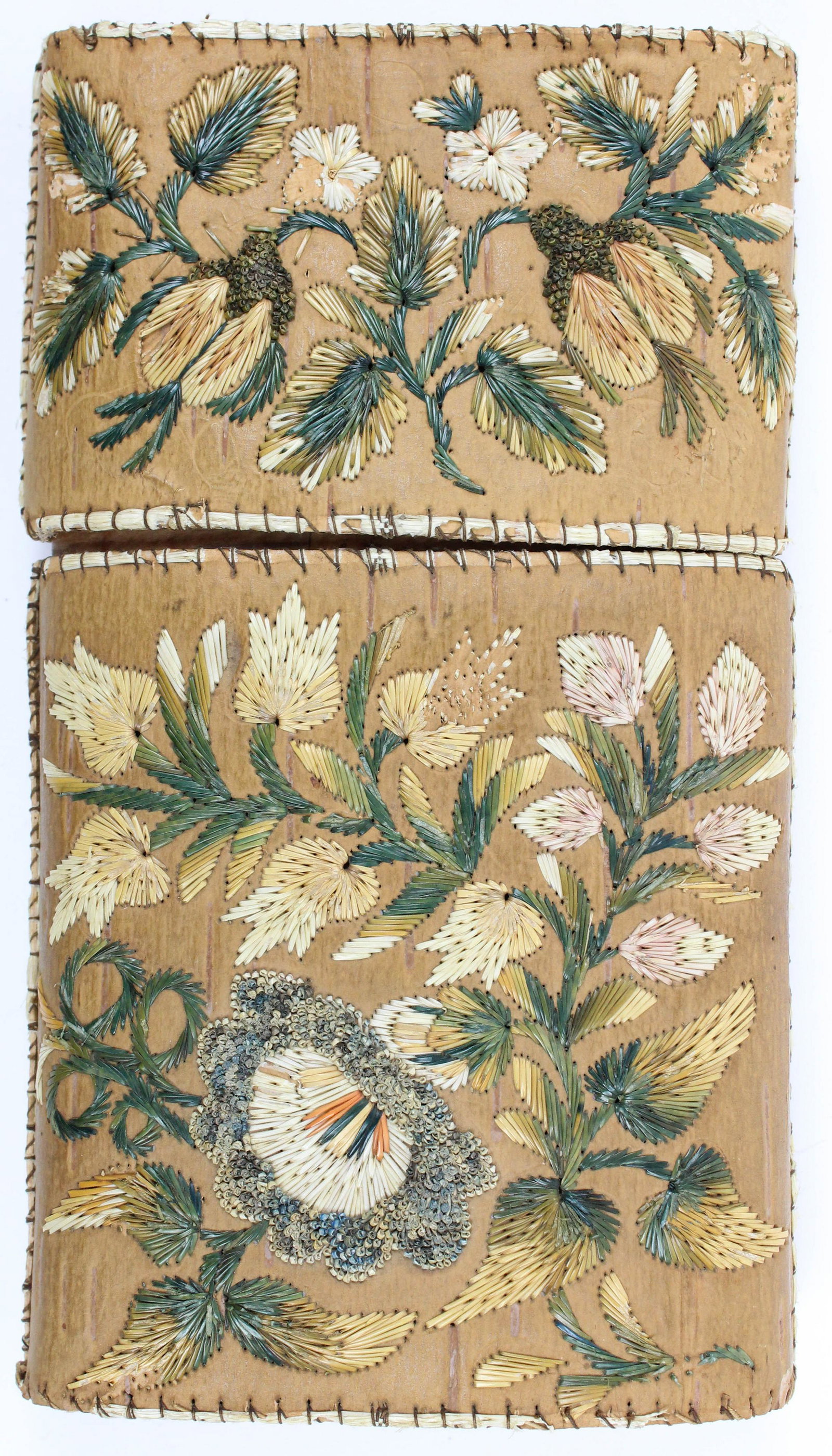19th c Mi'kmaq Birchbark & Quill Cigar Case: ca 1835- 1840 Mi'kmaq birchbark, spruce root, natural & dyed porcupine quill decorated cigar box, minor losses, 5 7/8" x 3 1/4" x 3/4"