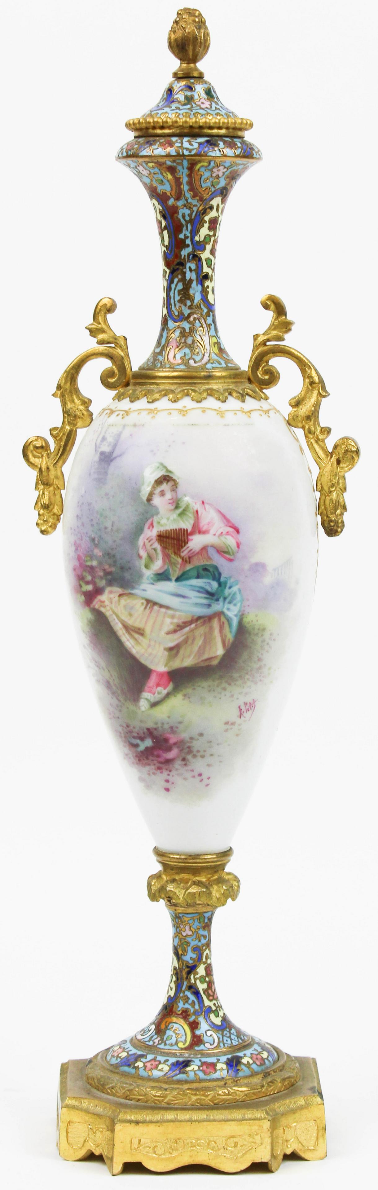 19th c Champleve, Gilt Brass, & Porcelain Urn: late 19th c Champleve, gilt brass, & porcelain garniture urn with lid, signed A Petit, overall ht 14 1/4"