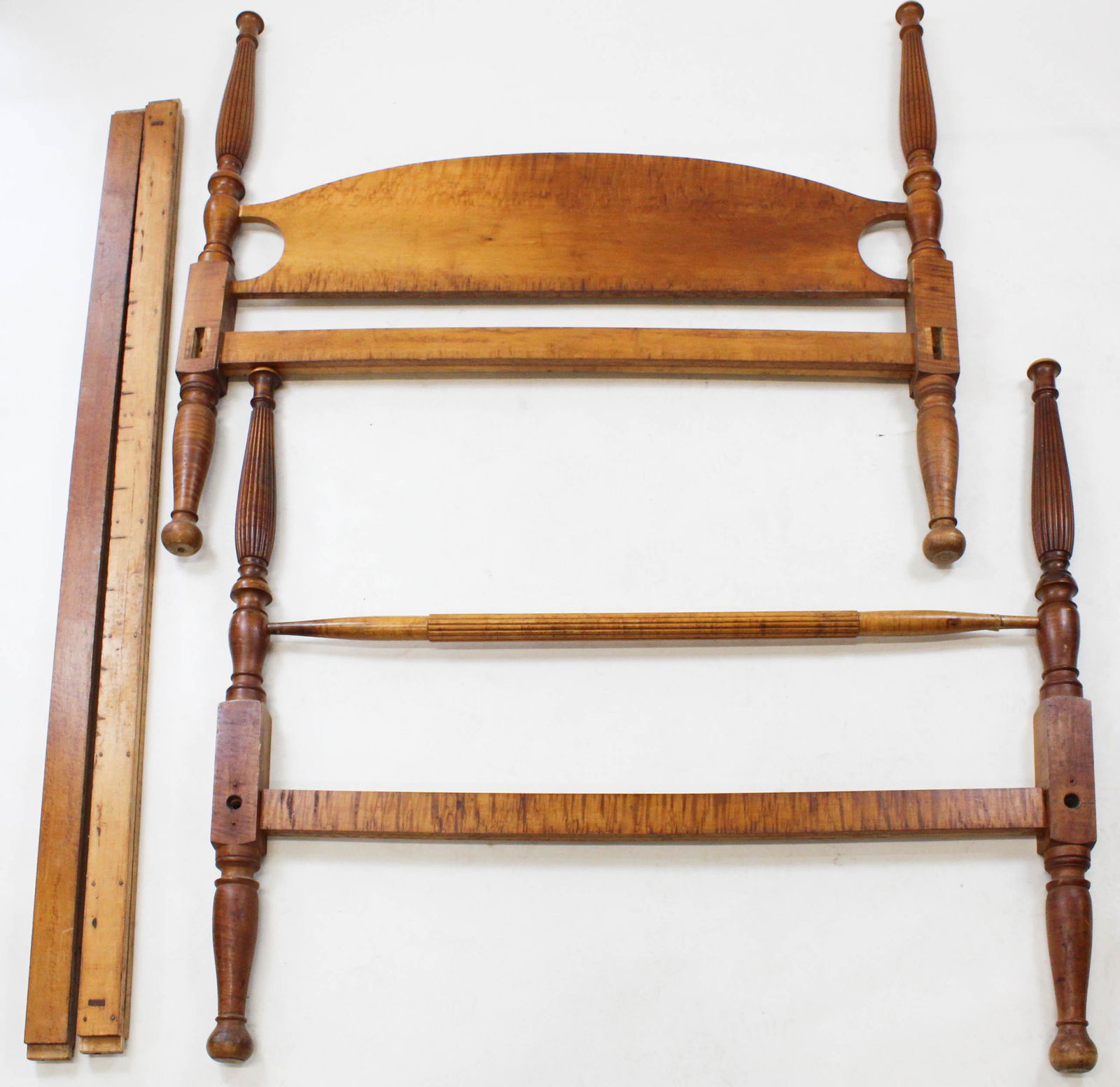 VT Sheraton tiger maple bed: Gaysville Vermont Sheraton tiger maple bed. 52" high reeded & bulbous turned posts with mushroom tops. 54" wide or double bed. Tiger maple headboard.