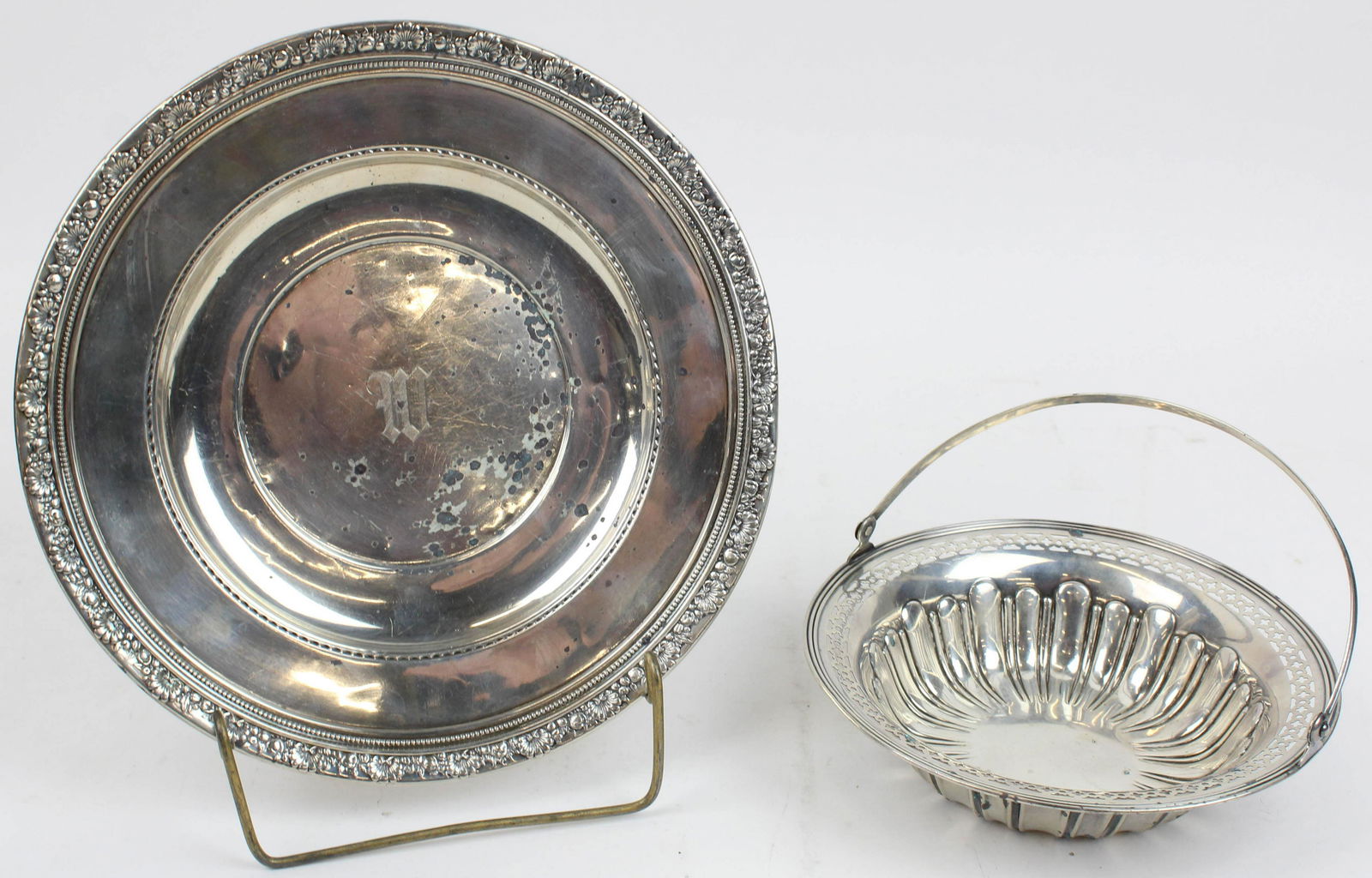 Sterling Silver Dish and Reticulated Bowl: Reed & Barton "Medici" pattern sterling silver plate with gothic "W" monogram, and Meriden ribbed bowl with reticulated rim and swing handle dia. 9.5", 2" x 7" -plate with dents and discoloration 10.9