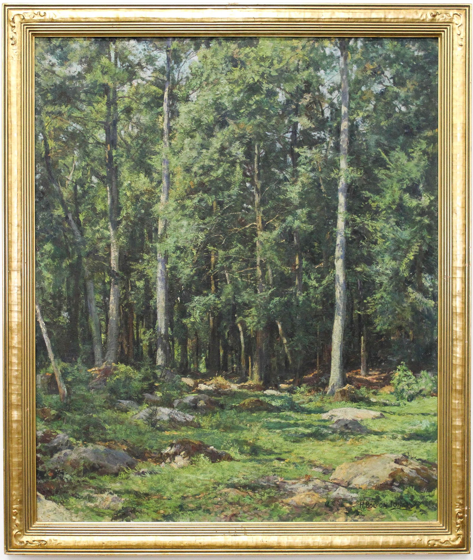 Hugh Bolton Jones (AM 1848-1927) The Edge of the Woods: Hugh Bolton Jones (American 1848-1927) titled " The Edge of the Woods" oil on canvas signed lower right identified reverse retaining old gift tags "Gift of Mrs. Chubb 1937" 30 x 36"