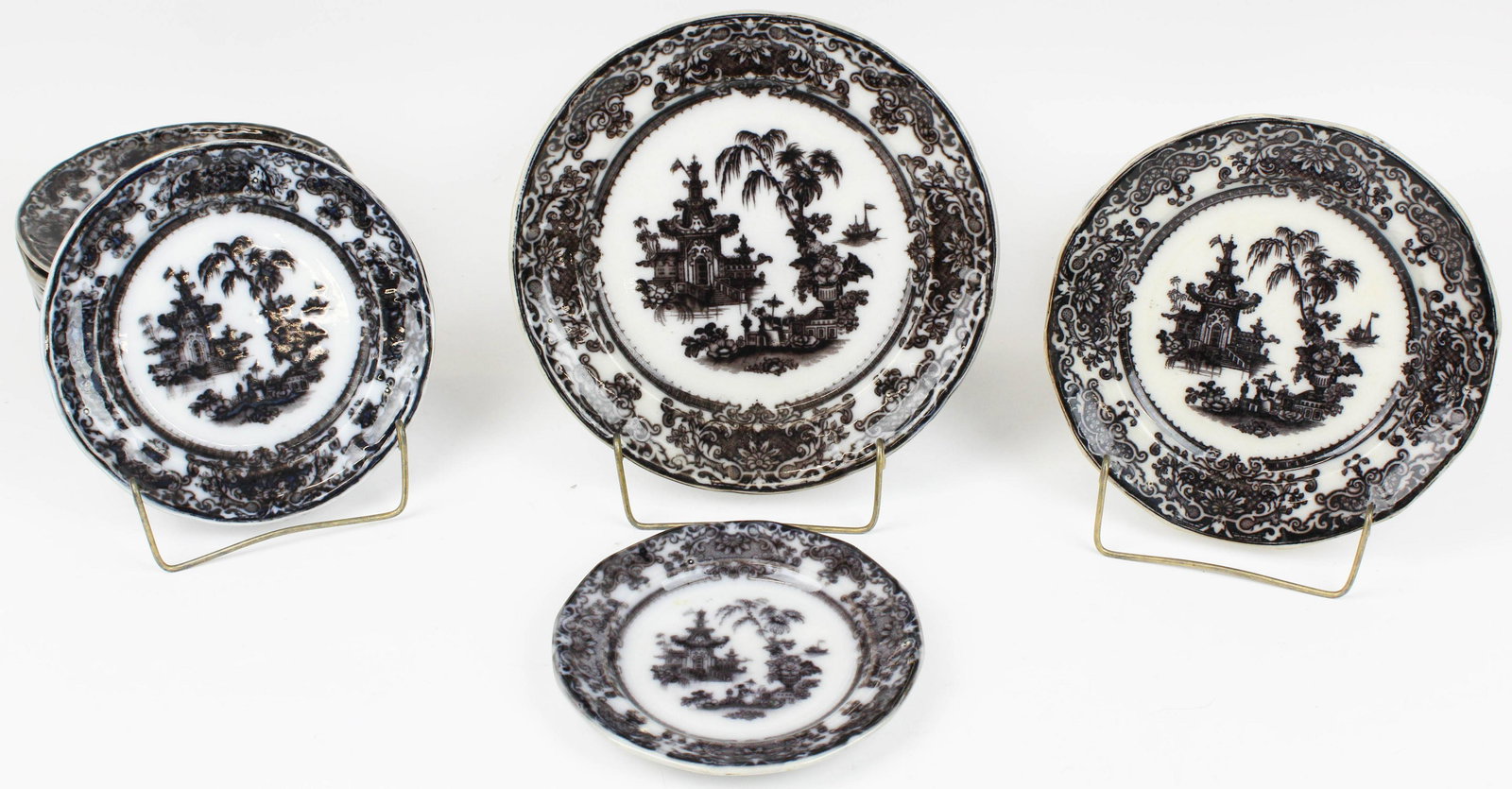 21 Mulberry Ironstone Transferware Plates: 21 Mulberry Ironstone "Corean" pattern transferware dinner, luncheon and dessert plates 7" -10"
