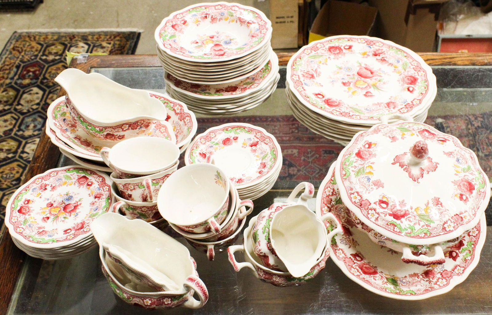 56 pcs. Johnson Bros. Dorchester Dinnerware: 56 pcs. Johnson Brothers "Dorchester" pattern polychrome transfer decorated English porcelain service for 8 dinnerware set including plates, cups and saucers, side dishes, covered serving dishes, sauc