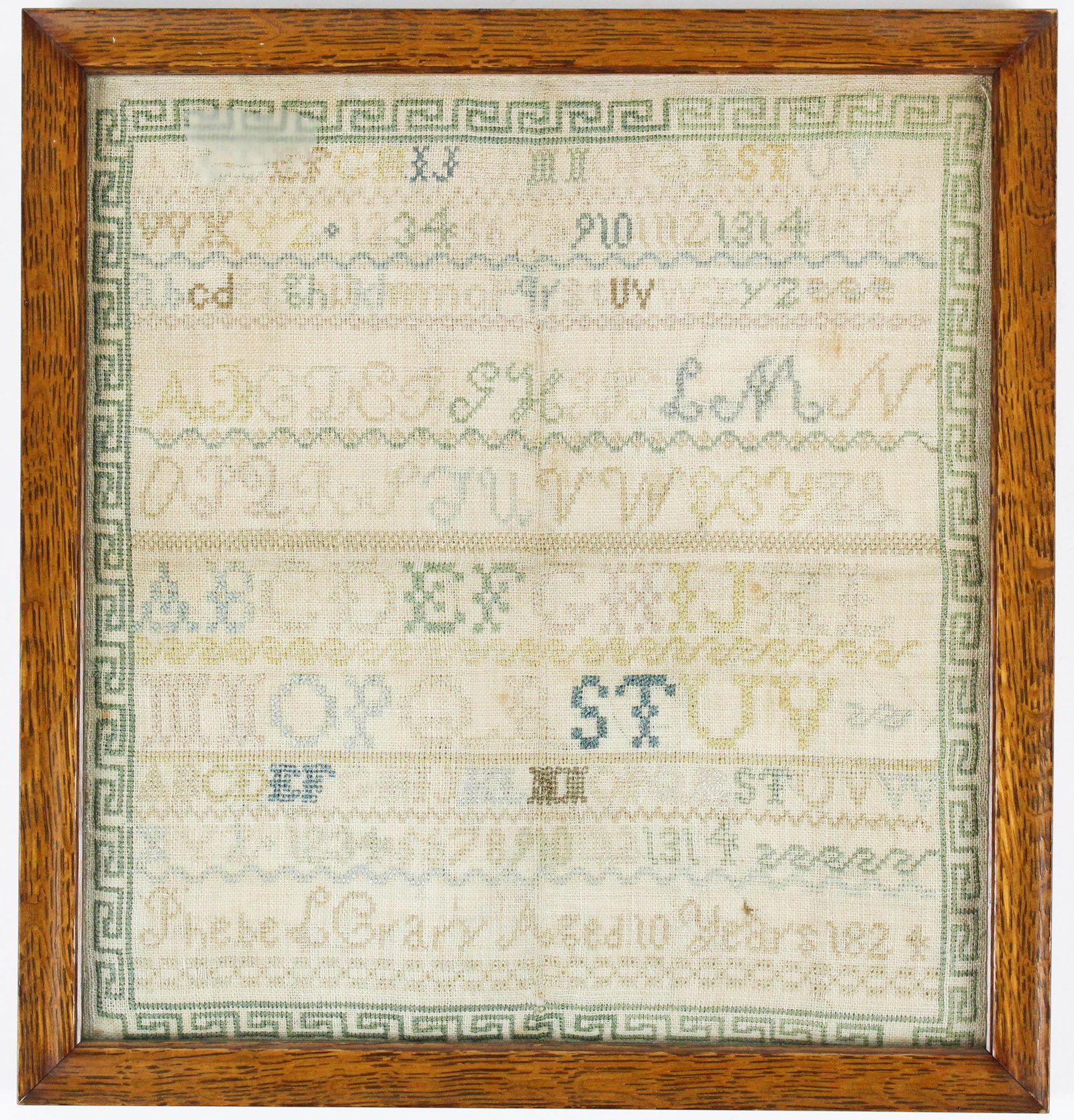 1824 Phebe L Crary Schoolgirl Sampler: 1824 schoolgirl sampler signed Phebe L Crary, aged 10, framed, overall size 13" x 12 1/4"