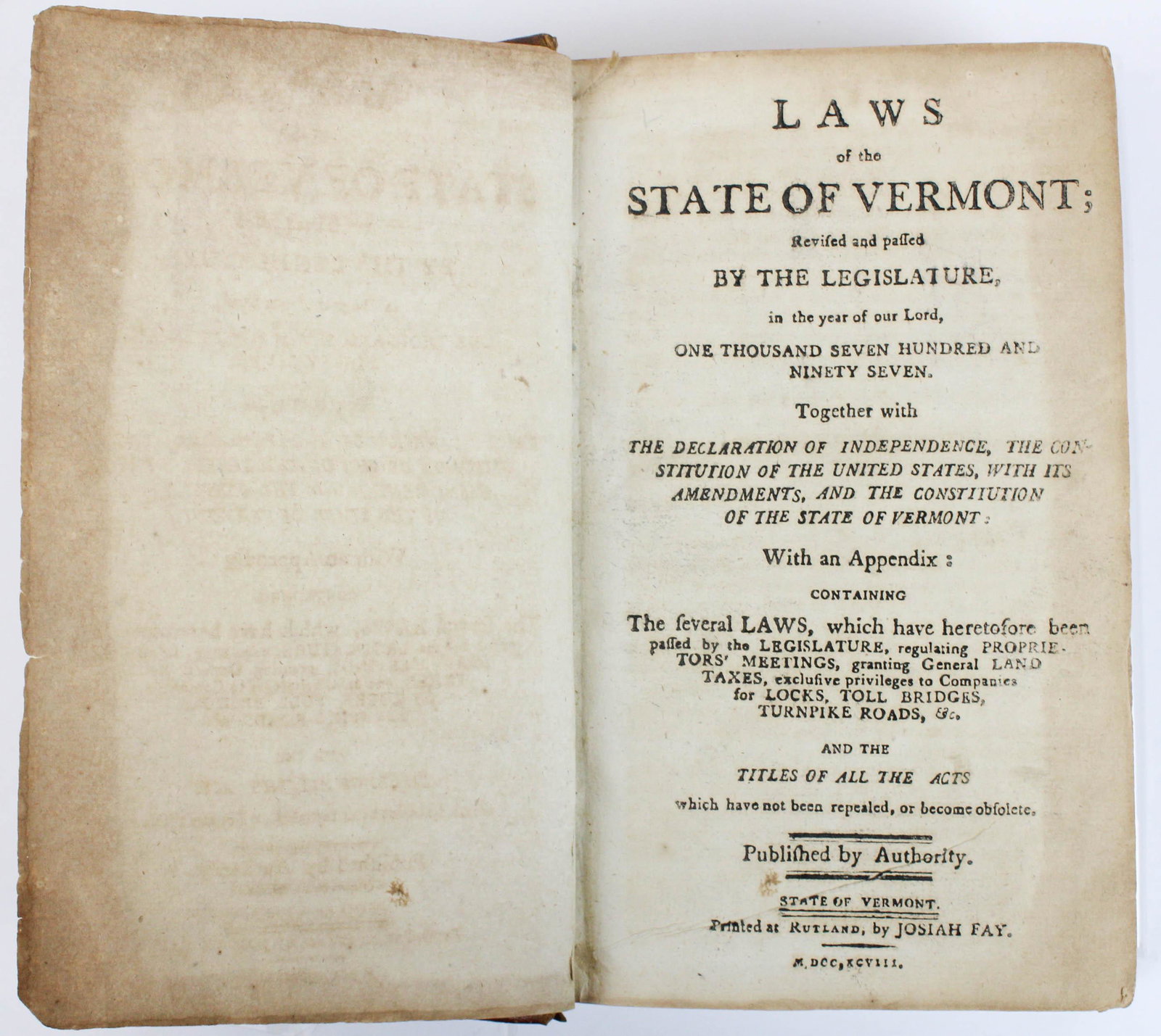 1798 Laws of the State of Vermont: 1797 Laws of the State of Vermont (printed in 1798 by Josiah Fay, Rutland, VT), original leather binding
