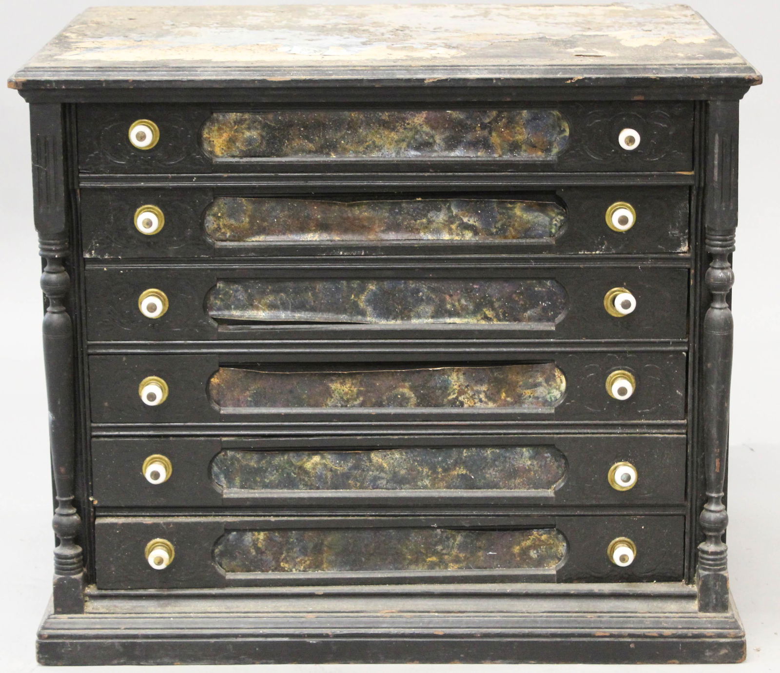 J & P Coats Spool Cabinet: J & P Coats six drawer spool cabinet, color advertising panel with cotton spool on reverse, 26" x 19 1/2" x 22", painted black with foil faced paper glued to top