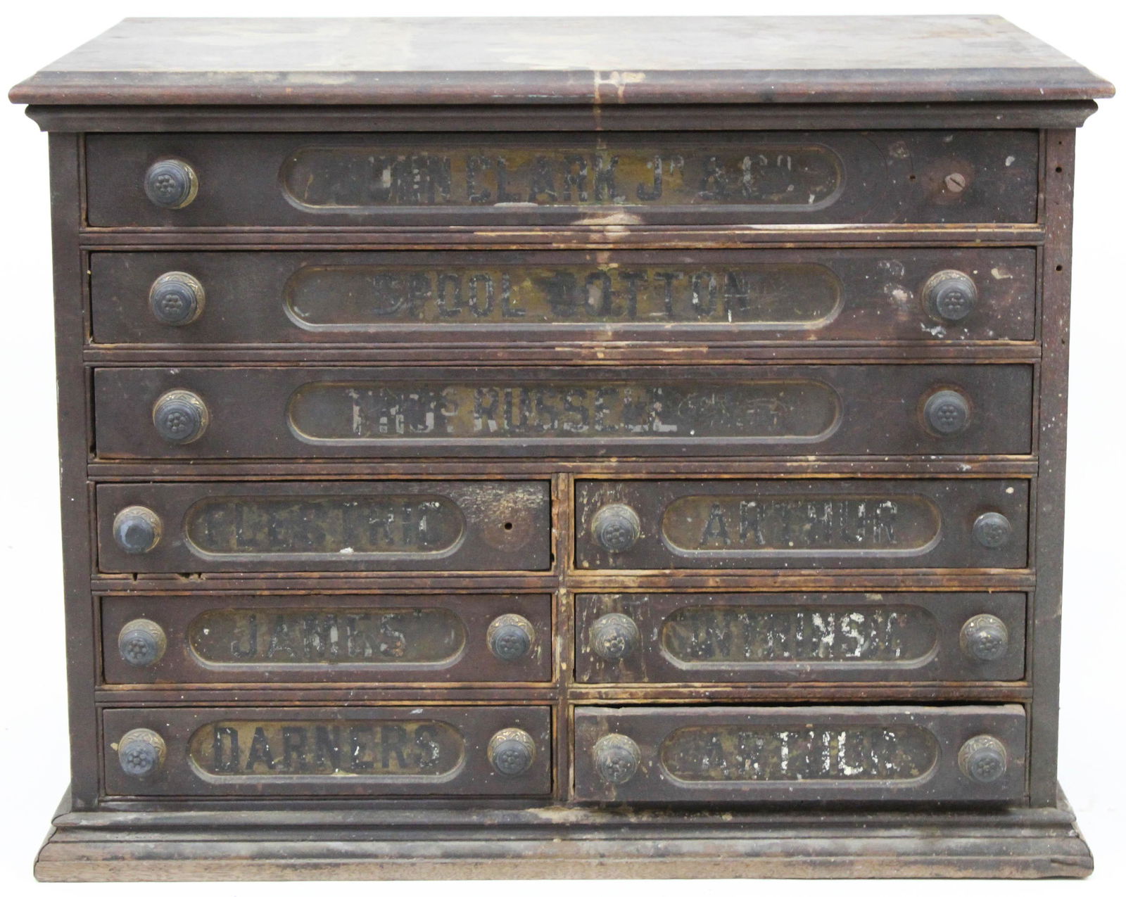 Clark Spool Cotton 9 Drawer Spool Cabinet: John Clark Spool Cotton black walnut 9 drawer spool cabinet, 3 over 6 configuration, 29" x 19 1/2" x 21 1/2", finish rough, gallery missing