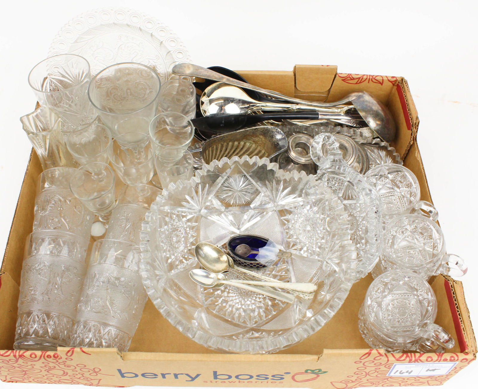 Cut Glass, Early Flint Glass, and Sterling items: Lot of glassware including 6 early 19th c. free blown goblets, large cut glass bowl and other cut glass items, several pieces of sterling flatware, Mappin & Webb cobalt lined sterling silver salt cell