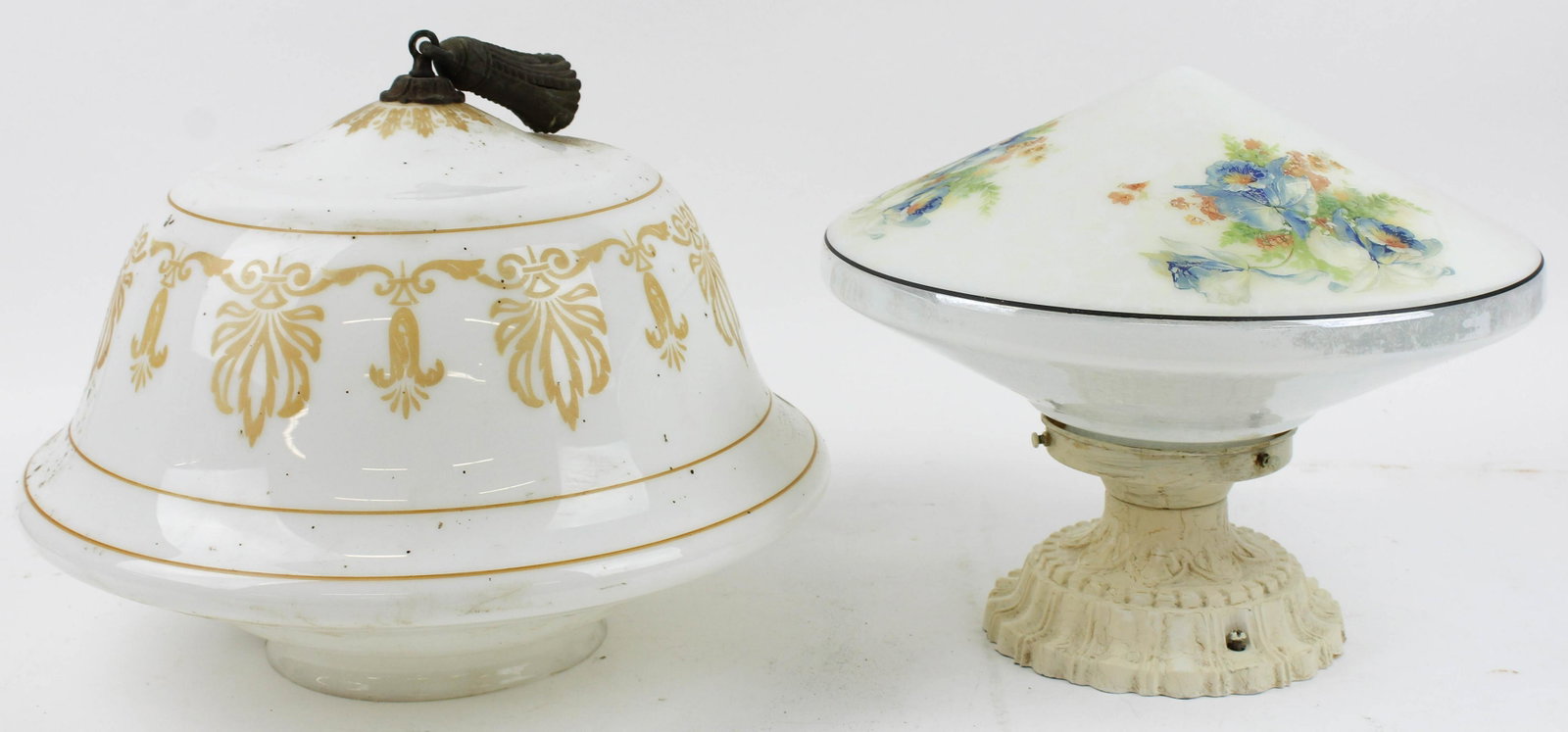 2 1930's Milk Glass Light Fixture Shades: 2 1930's Milk Glass Light Fixture Shades, one having iridescent and floral decoration, one with neoclassical motifs