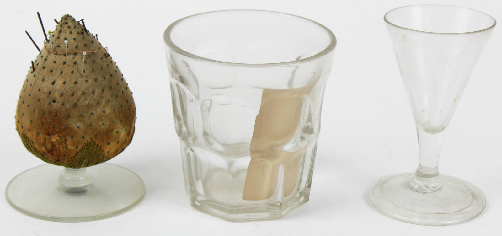 Strawberry Make Do Pin Cushion and Early Glass: 3 pieces of early glass including free blown goblet with folded rim base, EAPG Ashburton tumbler with old note descending in the family of Abigail Mather Royce, and primitive make-do strawberry pin cu