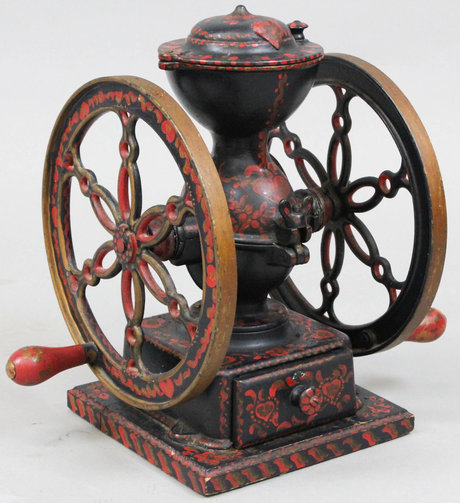 19th c. Cast Iron Country Store Coffee Grinder: 19th c. Cast Iron Country Store Coffee Grinder in 20th c. toleware style red and black paint 15" x 13"