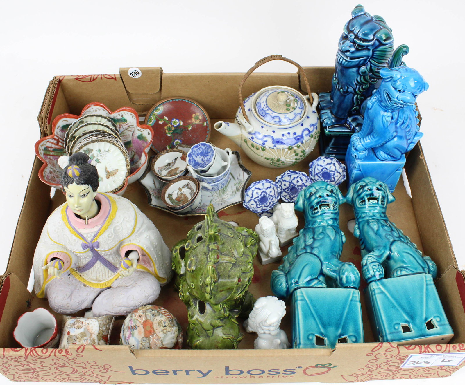 Lot of Asian Porcelain Tableware and Accessories: Lot of Asian Porcelain Tableware and Accessories including handpainted Japanese covered boxes, 5 peacock blue foo dog figures, nodding figurine, salt cellars, etc.