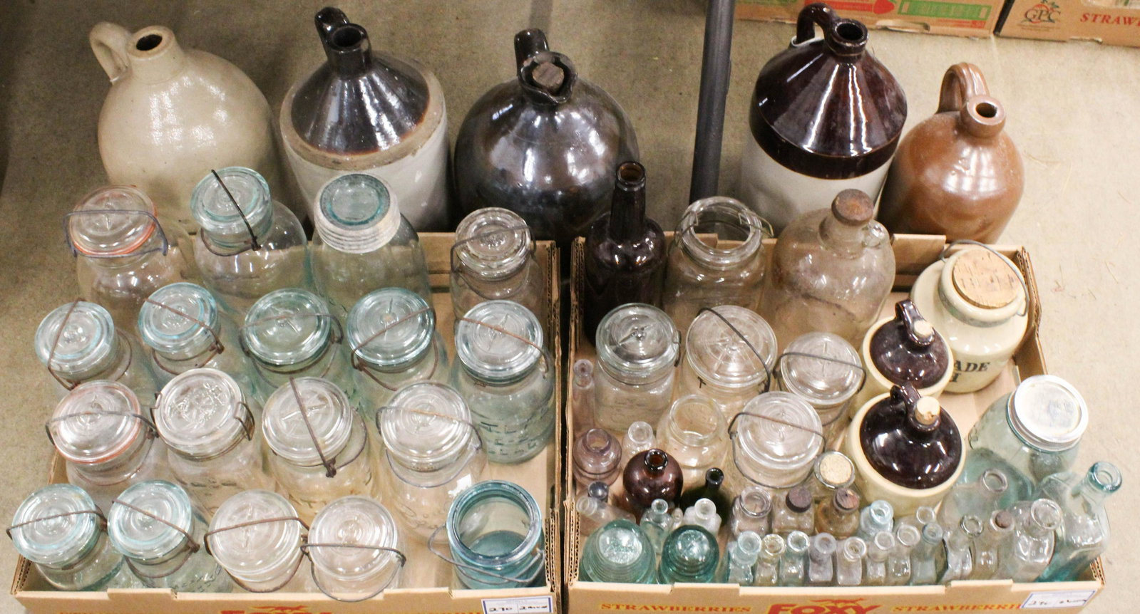 Large Lot of Canning Jars, Stoneware Jugs: Large Lot of canning jars by various makers including Lighting, Queen, Mason, Atlas, Double Safety, and 7 stoneware jugs, preserve jar, assortment of extract and medicinal bottles
