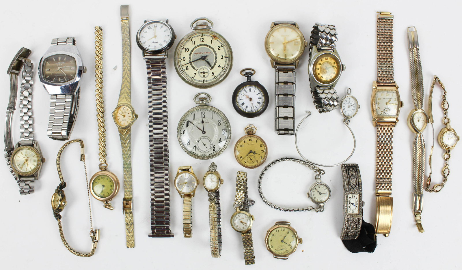 Group of vintage watches: A group of vintage watches including Hamilton pocket, Men's wrist Bulova, many other men's vintage wrists, ladies vintage wrist including Art Deco, ladies coin silver open face pocket, and more.
