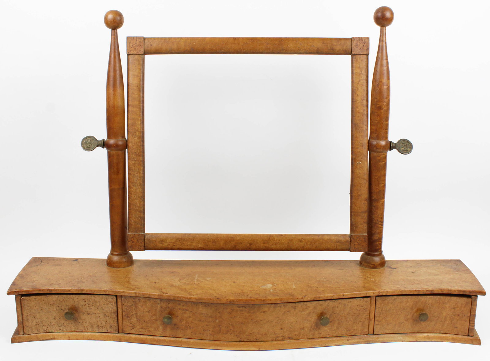 Gaysville, VT Birdseye Maple Dressing Mirror: late 19th- early 20th c Gaysville, Vermont birdseye maple serpentine dressing mirror with 3 drawers, dovetailed drawer construction, length 32 1/4", ht 22"